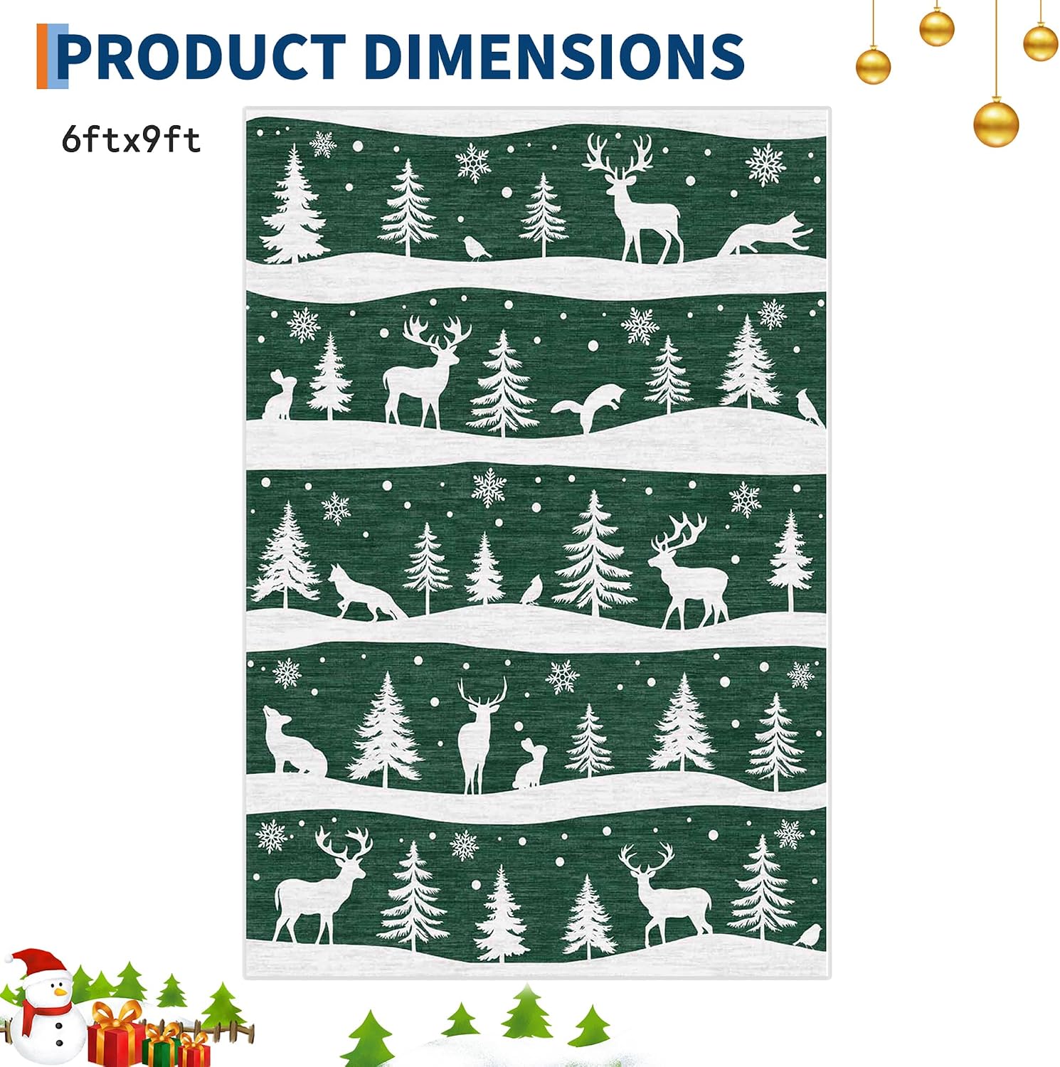IDEALHOUSE Green 6x9 Area Rugs for Living Room, Washable Rug for Home Decor, Soft Low Pile Christmas Rugs with Xmas Tree Reindeer Snowflake, Indoor Non Slip Carpet for Bedroom, Dining Room