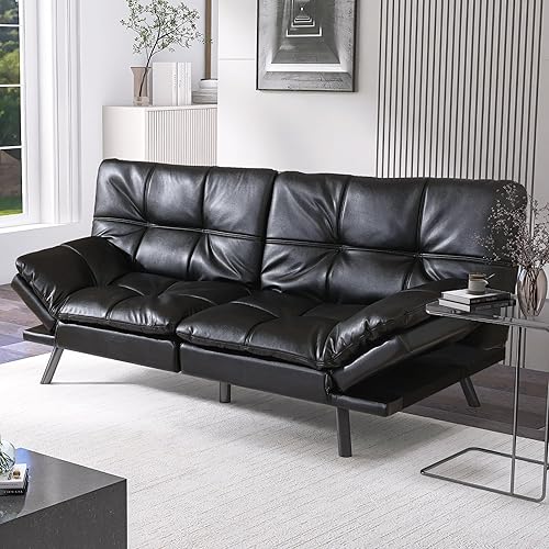 Hcore Sofá cama futón, sofá de piel sintética marrón, sofá futón de espuma viscoelástica, sofá biplaza convertible para espacios pequeños, espacios