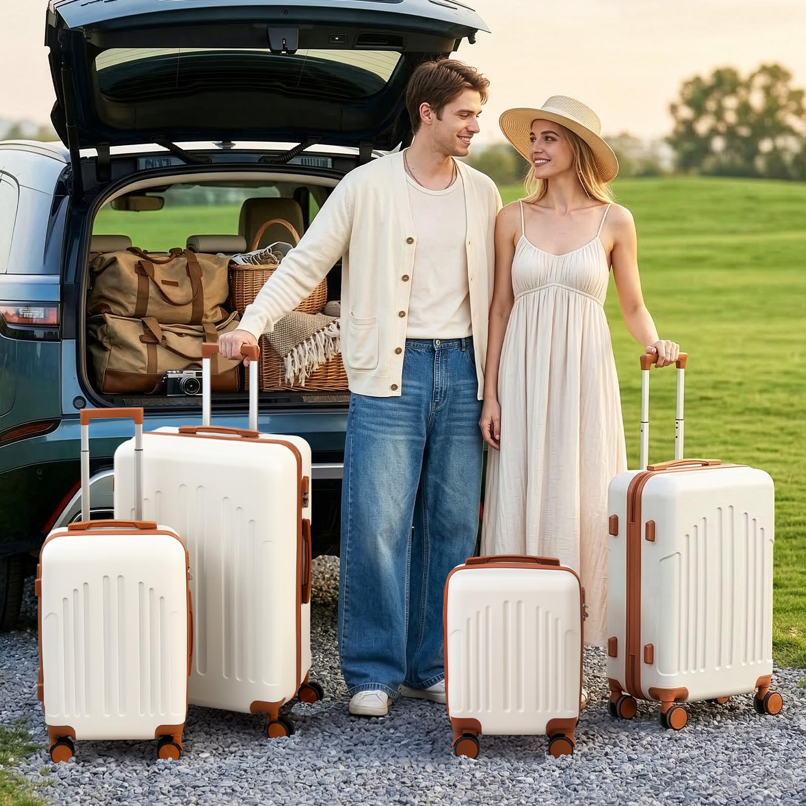 LALAHO Set de 4 Valises de Voyage, Valise Grande Taille/Cabine, Petite Valise, Bagage Suitcase en ABS (Beige-Brun)