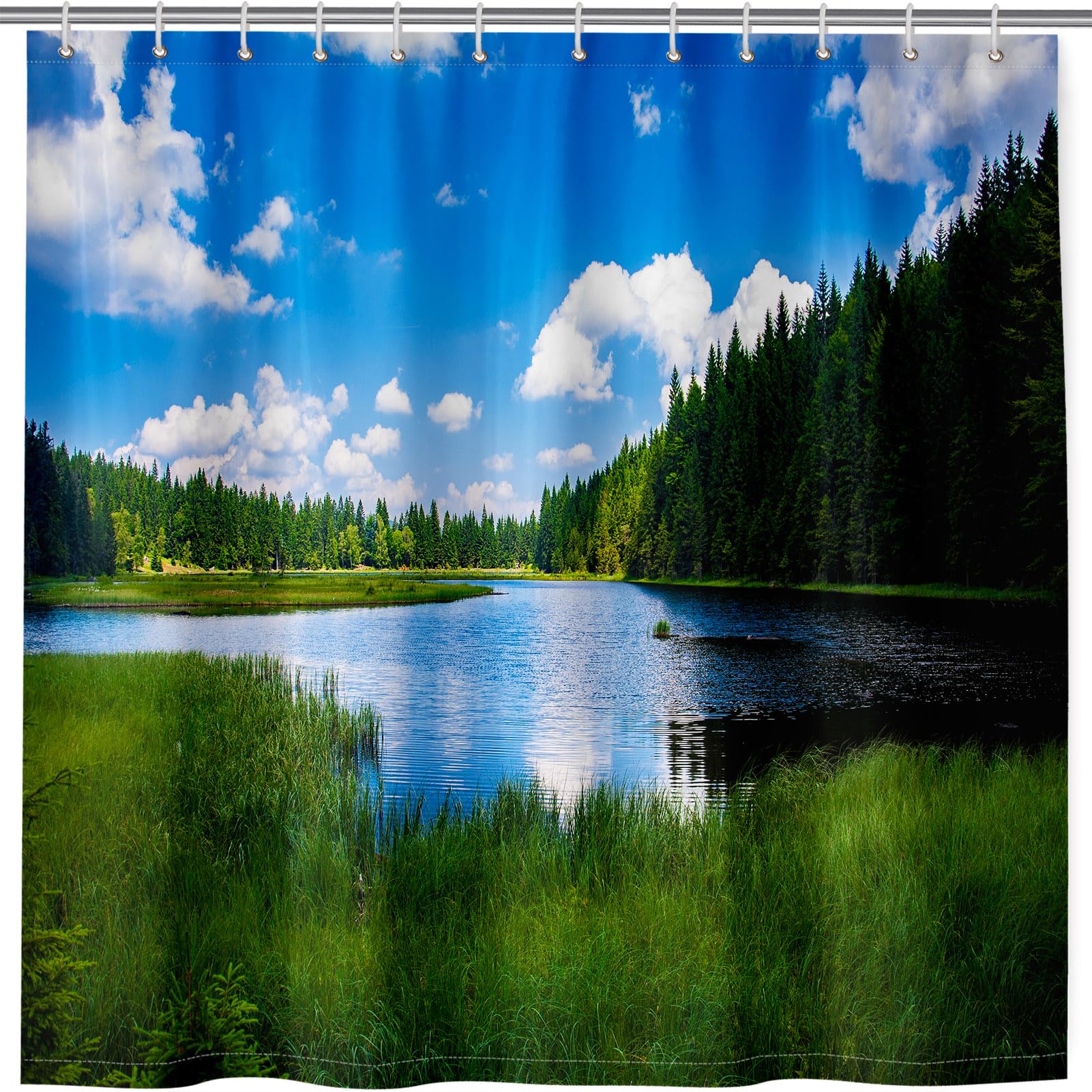 ANHOPE Scenery Shower Curtain Waterproof Mould & Mildew Resistant Bathroom Curtain Nature Forest Lake Print Pattern Bath Drapes Polyester Fabric Bathtub Set with 12 Hooks 180 x 180 cm