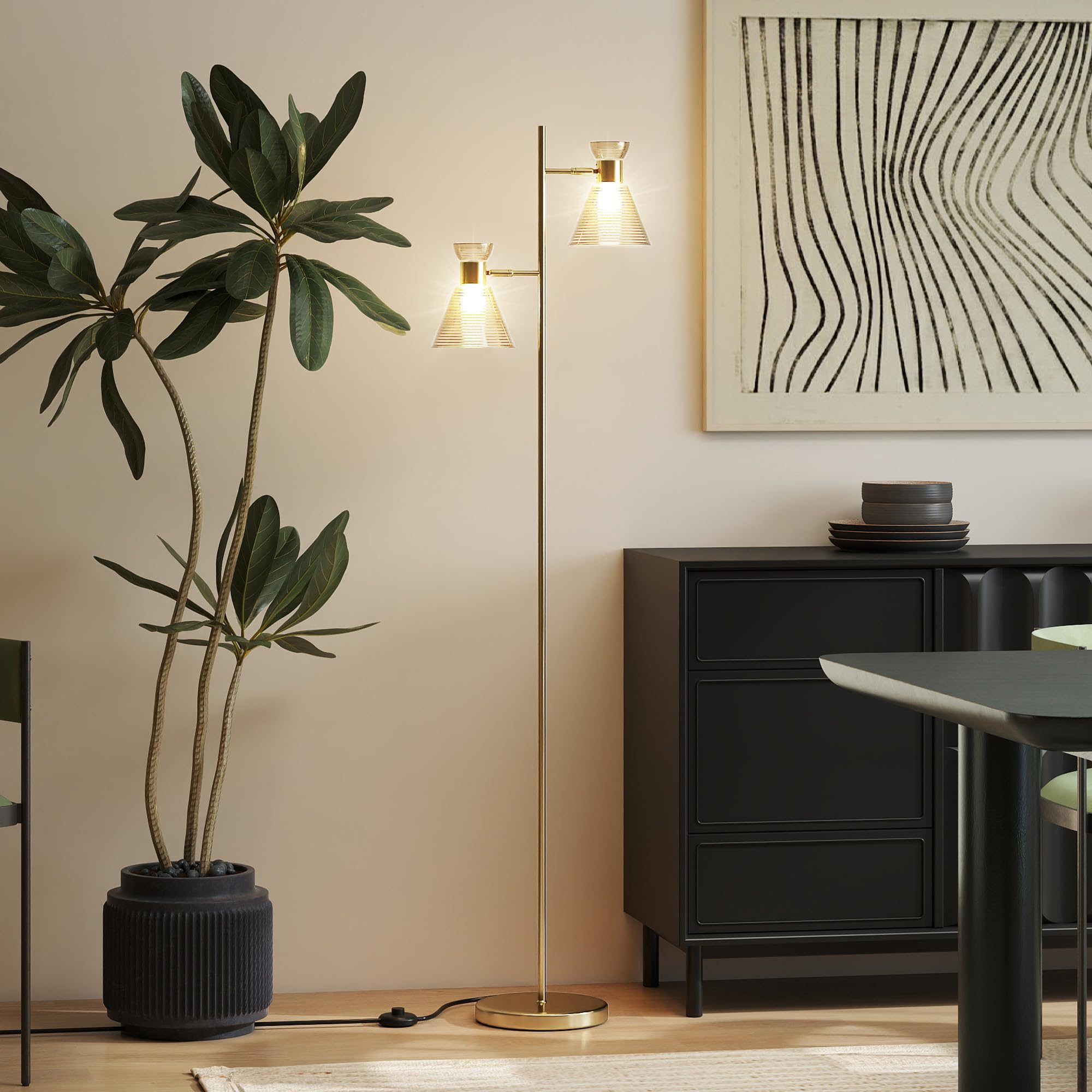 HOMCOM Lampada da Terra 2 Punti Luce Regolabili Basamento Color Oro | Paralumi in Vetro a Fiore, Attacco E27, Interruttore a Pedale