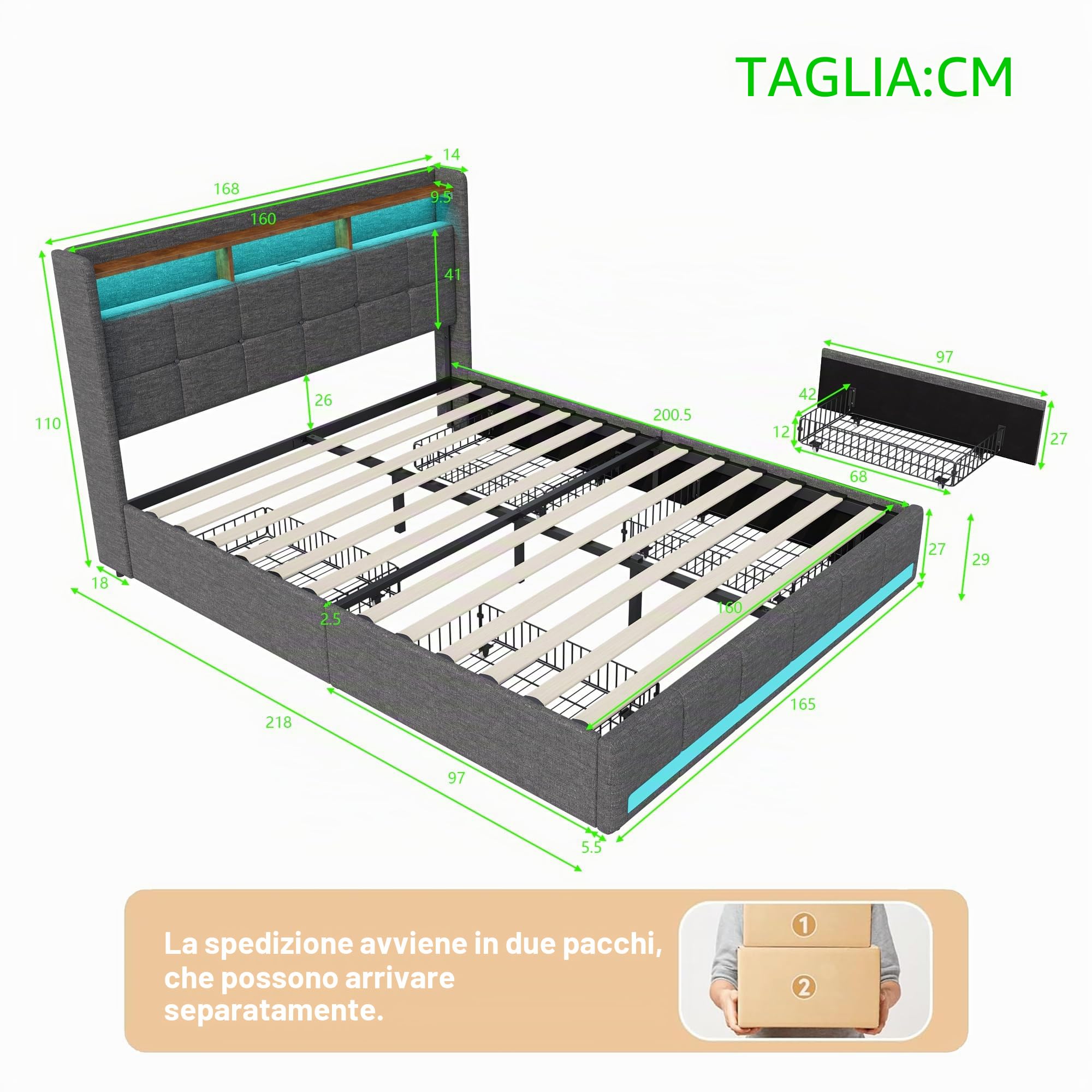 Telaio da letto 160 x 200 con rete, letto matrimoniale con illuminazione a LED e ricarica USB, imbottito con 4 cassetti, facile da montare, lino, senza materasso, grigio
