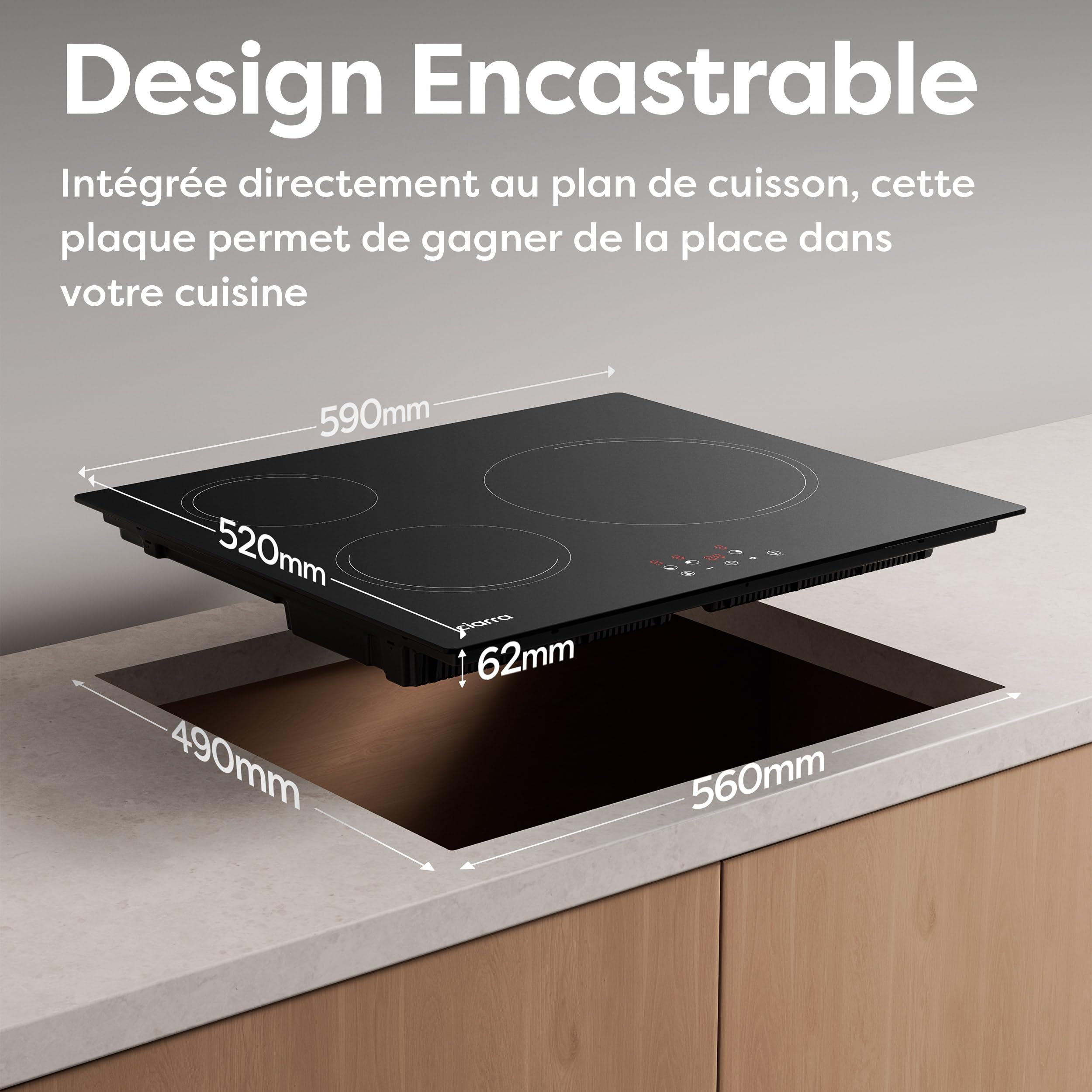 CIARRA Plaque de Cuisson à Induction - 3 Foyer 5600W - Table de Cuisson Encastrable - Commande Tactile - 9 Niveaux - CABBIH3-E