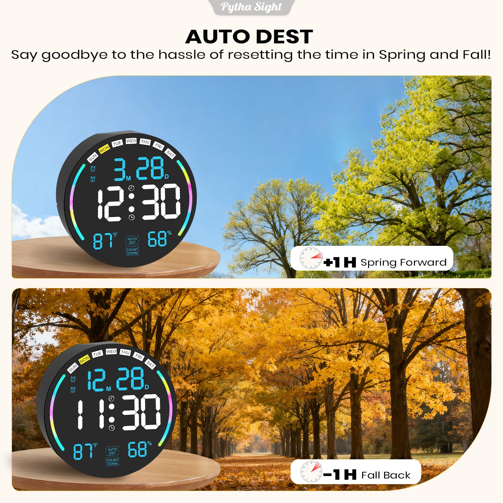 Horloge Murale numérique 26 cm LED Grand écran, Horloge Murale numérique avec 10 Couleurs RVB, Doubles alarmes, 10 Niveaux de luminosité, Voiture DST, minuterie pour Compte à rebours/Jour pour