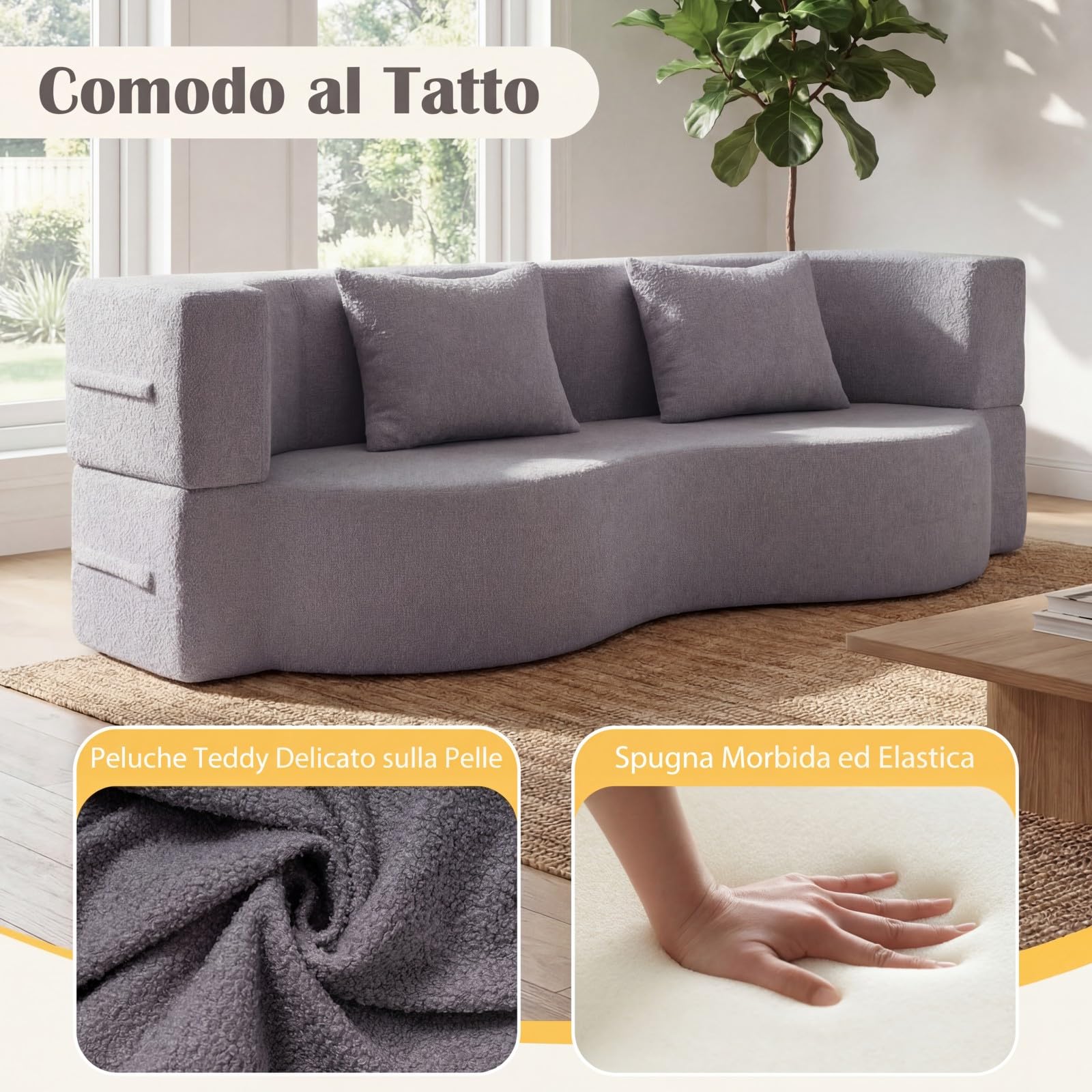 COSTWAY 2 in 1 Divano Letto Pieghevole, Divano a 2 Posti in Pile Teddy con 2 Cuscini Comodi, Nessun Montaggio, Divanetto Convertible Moderno per Soggiorno Camera Ospiti, 192,5x84x62 cm (Grigio)