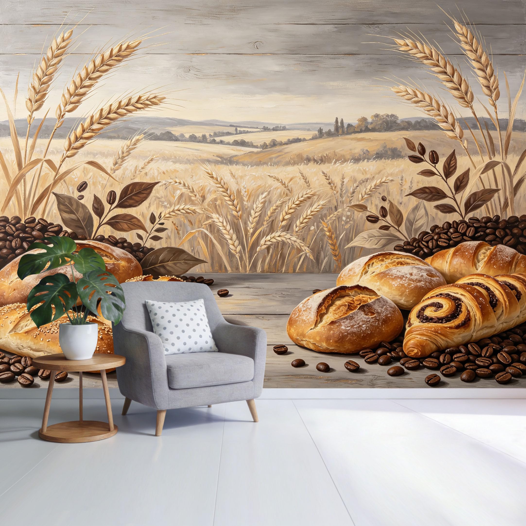 Custom Size Wall Mural Wheat Field Landscape Fresh Bread and Coffee Beans Rustic Farmhouse Style SelfAdhesive Wall Fabric Removable Wallpaper for Home Office Decor