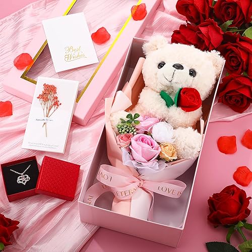 Miniatura 9 de PullCrease Ramo de rosas de flores preservadas con oso, caja de regalo de lujo de 23.5 pulgadas que incluye flor artificial, oso, collar, tarjeta de