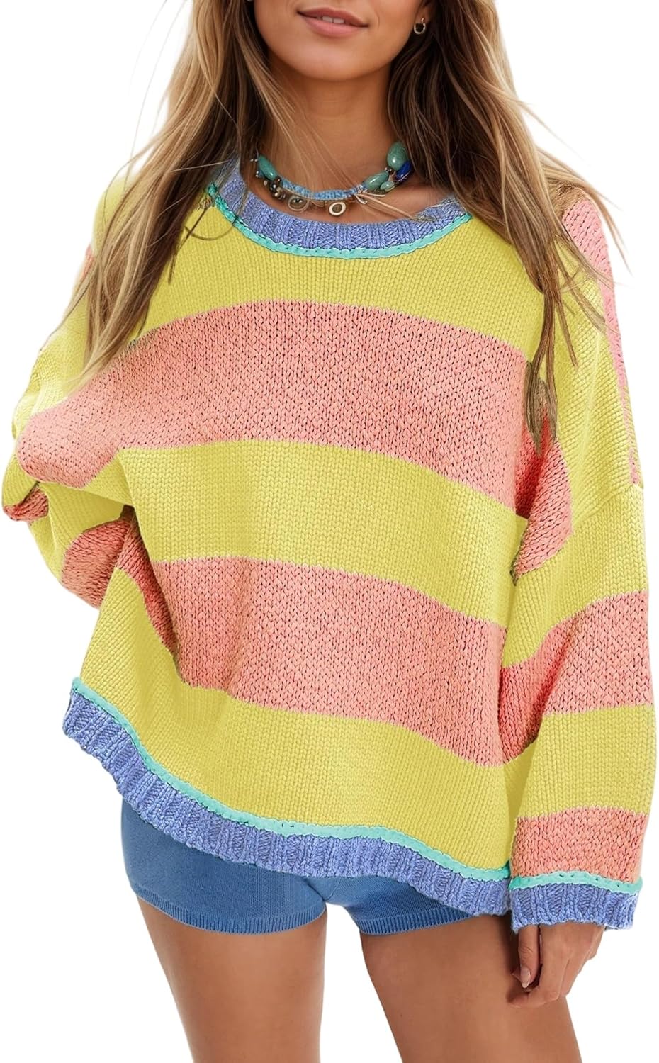 Fnortc Women's Chunky Knit Striped Sweaters Casual Long Sleeve Crew Neck Oversized Pullover Sweater Winter Fall Spring Tops