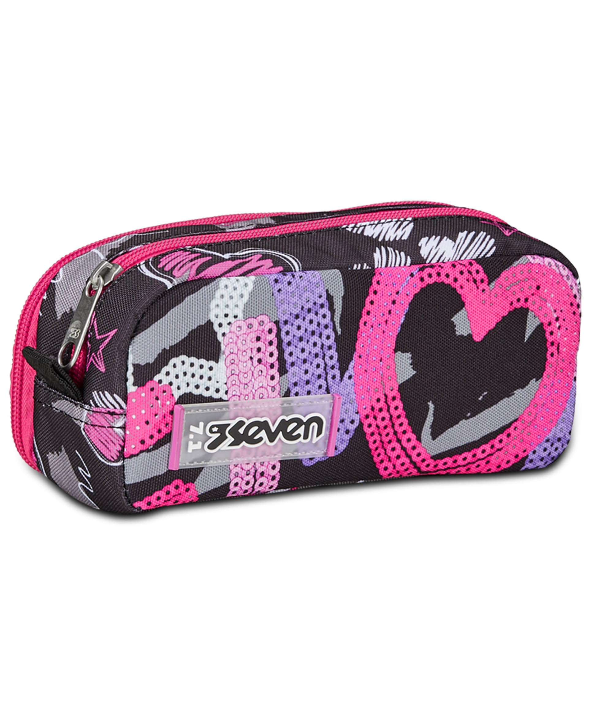 Seven Portapenne Scuola 2 Zip, Nero Fucsia, Draft Heart, Bustina Doppio Scomparto Con Organizer, Tasche ed Elastici Porta Penne, Accessori Zaino, Medie, Superiori, Bambina Ragazza