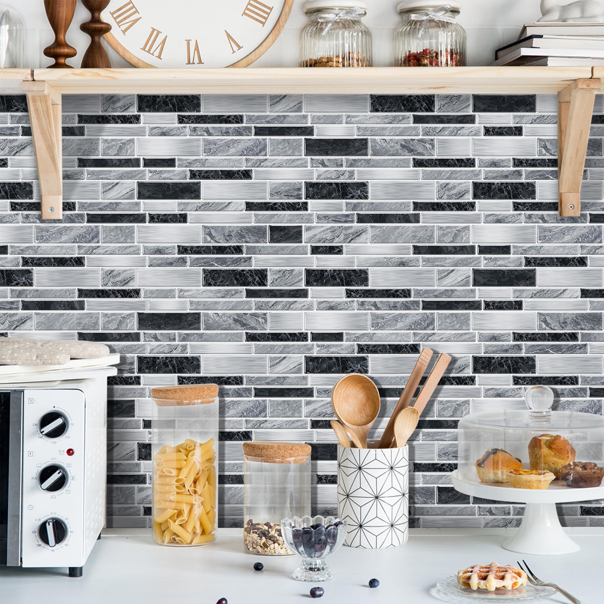 12 Piezas Azulejos Adhesivos Cocina, Pegatinas de Pared 12cm x 24.6cm Vinilos de Pared Decorativos Baño Vinilo Suelo (Efecto Piedra)