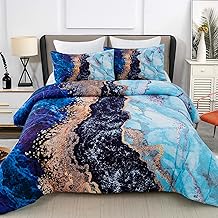 Blue Marble Comforter Set King Size, Retro Style Watercolor Artwork Design Bedding, 3 Pieces (1 Blue Comforter + 2 Pillowcases), Ultra Soft Microfiber Quilt for All Seasons 90"x104"