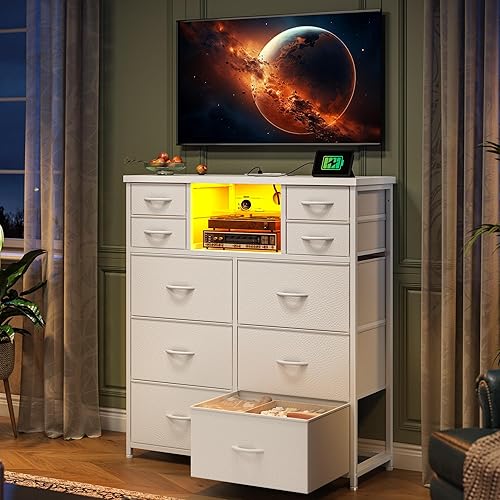 Miniatura 9 de Cómoda blanca para dormitorio con 10 cajones con luz LED y toma de corriente, cómodas de tela y cómoda con estantes abiertos para pasillo, sala de