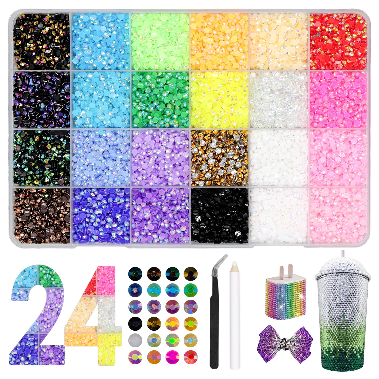 24000+ Pièce Strass, 24 Couleurs 3mm Bedazzling Kit pour les Loisirs Créatifs, DIY sur Textiles, Tasses, Cadres Photo, Coques de Téléphone et Livres, Strass a Coller pour Nail Art et Maquillage