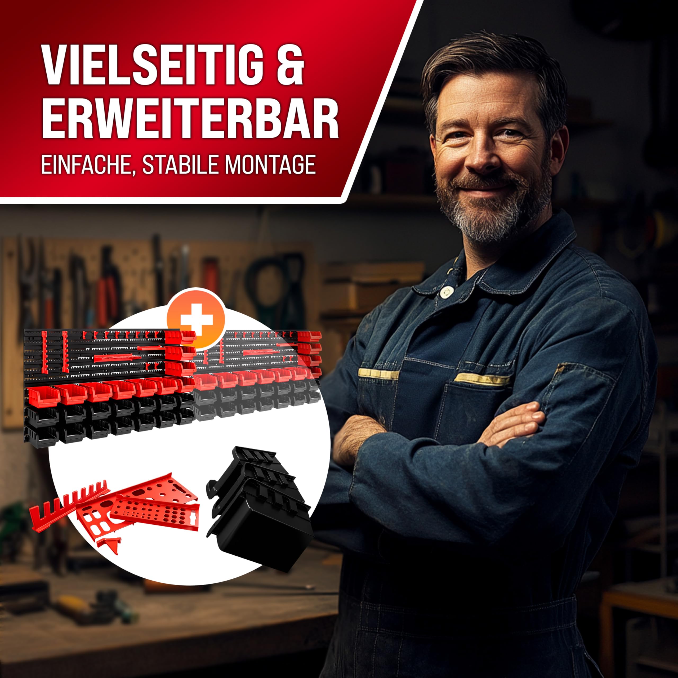 DEUBA® Wandregal mit Stapelboxen und Werkzeughalter 86 tlg Box Erweiterbar Werkstattregal Werkzeuglochwand