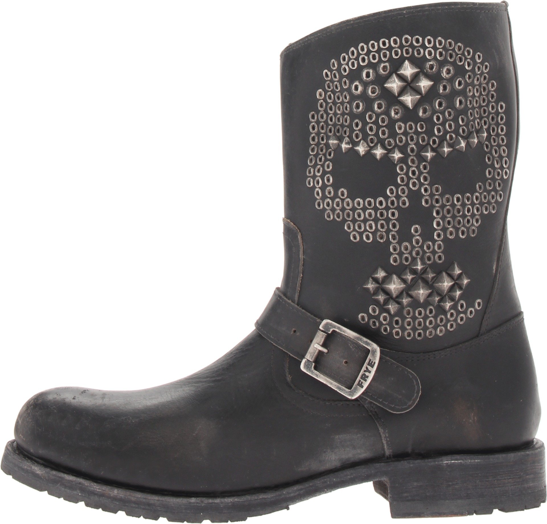Frye Mens Rogan Studded Skull Engineer Black Stone Wash Boot