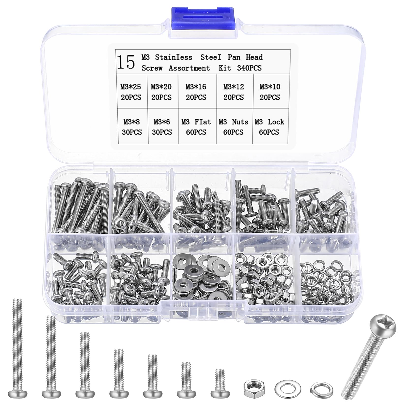 340 Pcs M3 Bolts Set, Cross Round Head Screws and Nuts Set with Washers, Stainless Steel Machine Screws Assorted Nuts and Bolts Assortment