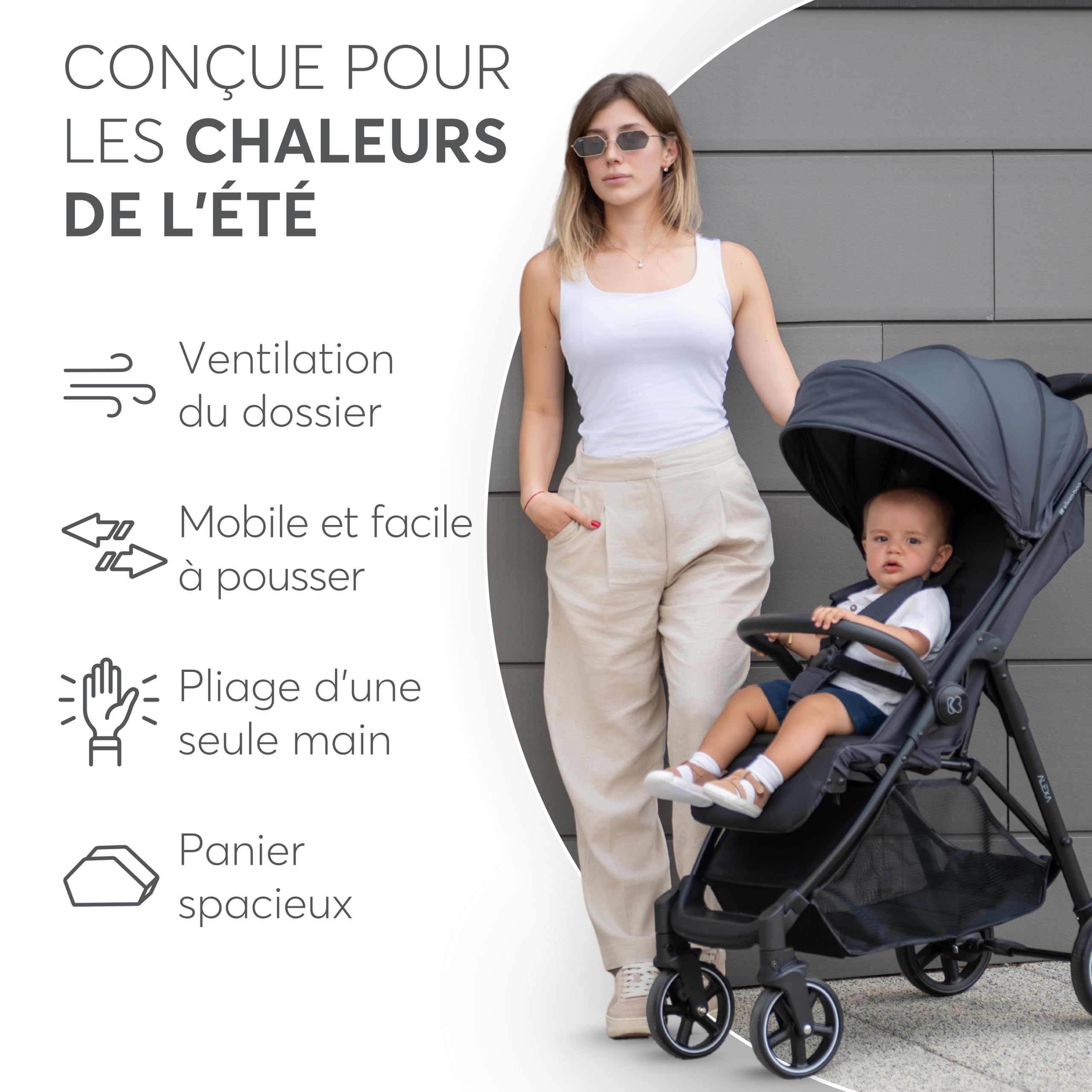 Poussette KikkaBoo ALEXA, poussette bébé jusqu'à 22 kg, légère, compacte, pliable d'une seule main, dossier inclinable, repose-pieds réglable, harnais à 5 points, Noir