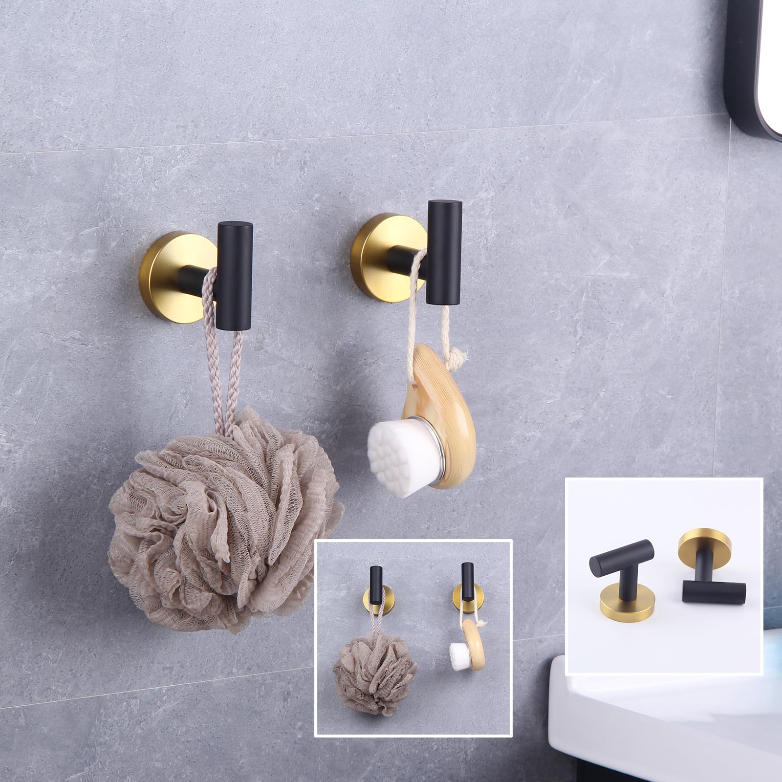 GERZWY Stainless Steel Towel Hook – Heavy Duty Wall Mounted Robe Coat Hook – Luxury Finish – Bathroom Hotel Style – Black & Gold – 2 Pack