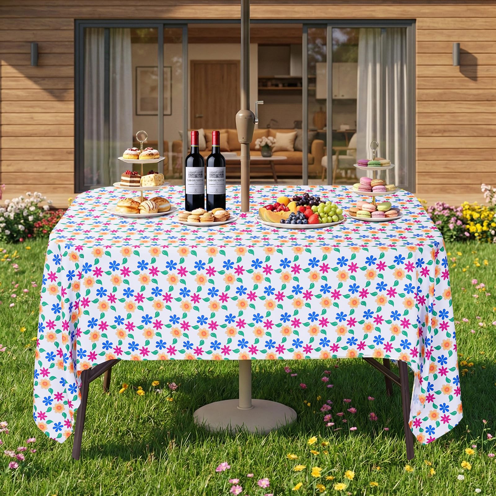 Eternal Beauty 84"x60" Rectangle Tablecloth Waterproof Outdoor Tablecloth with Umbrella Hole Zipper for Patio Spring Summer Picnic Tables (Yellow-Blue Flower, 84" x 60" Rectangular)