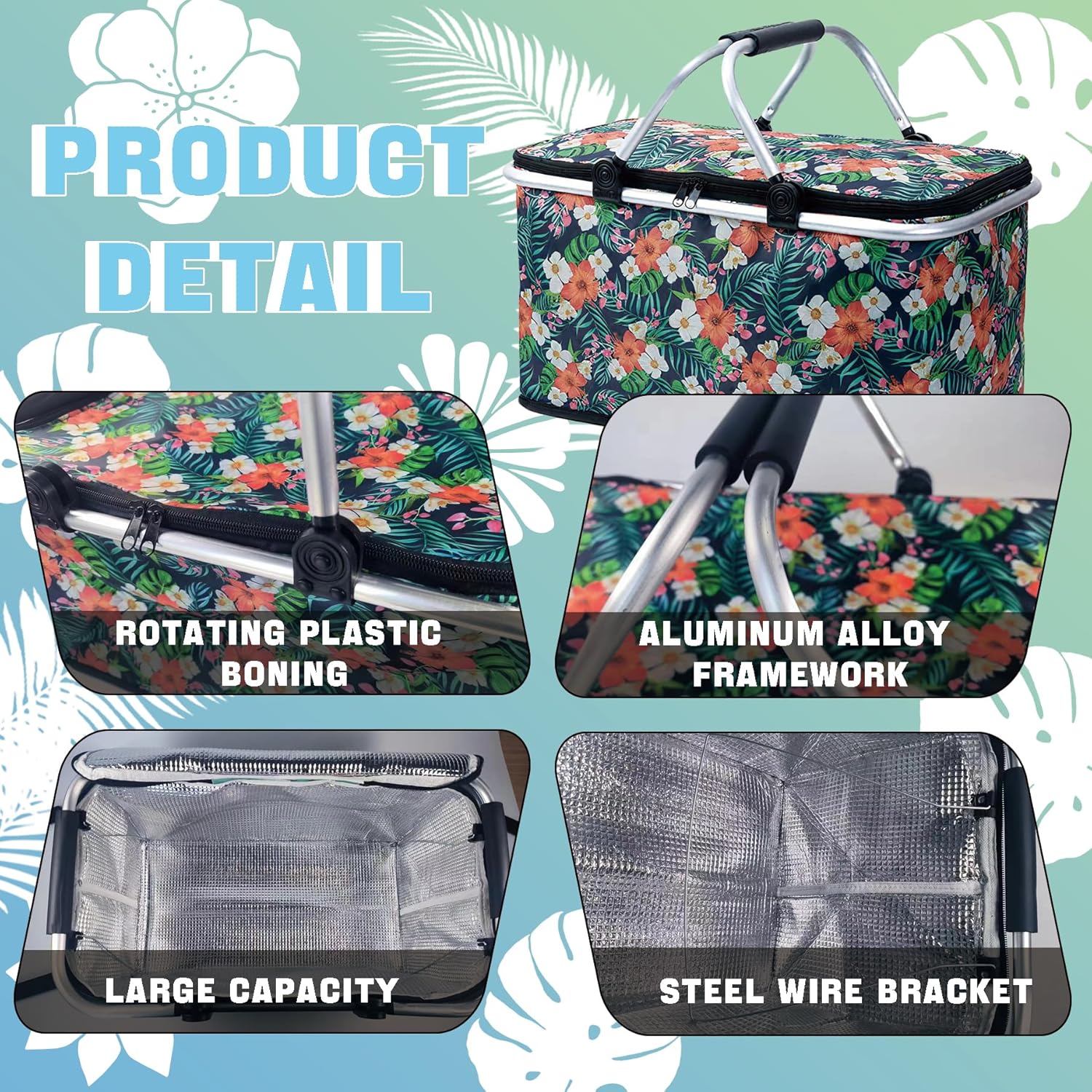 Insulated Picnic Basket for 2, Collapsible Shopping Baskets with 29L Large Market Basket with Handles, Folding Grocery Basket Insulated Cooler Bag for Picnic Travel Food Delivery Market Shopping