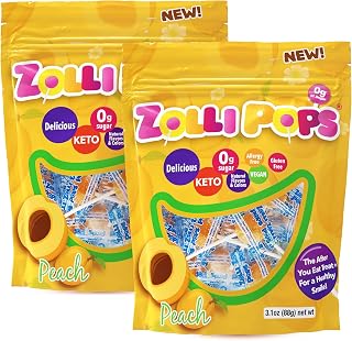 Zollipops Clean Teeth Pops Sugar Free Candy with Xylitol, Dye-Free Lollipops - Keto & Diabetic-Friendly, Dentist-Approved Treats for Kids (Peach, 3.1 oz, Pack of 2)