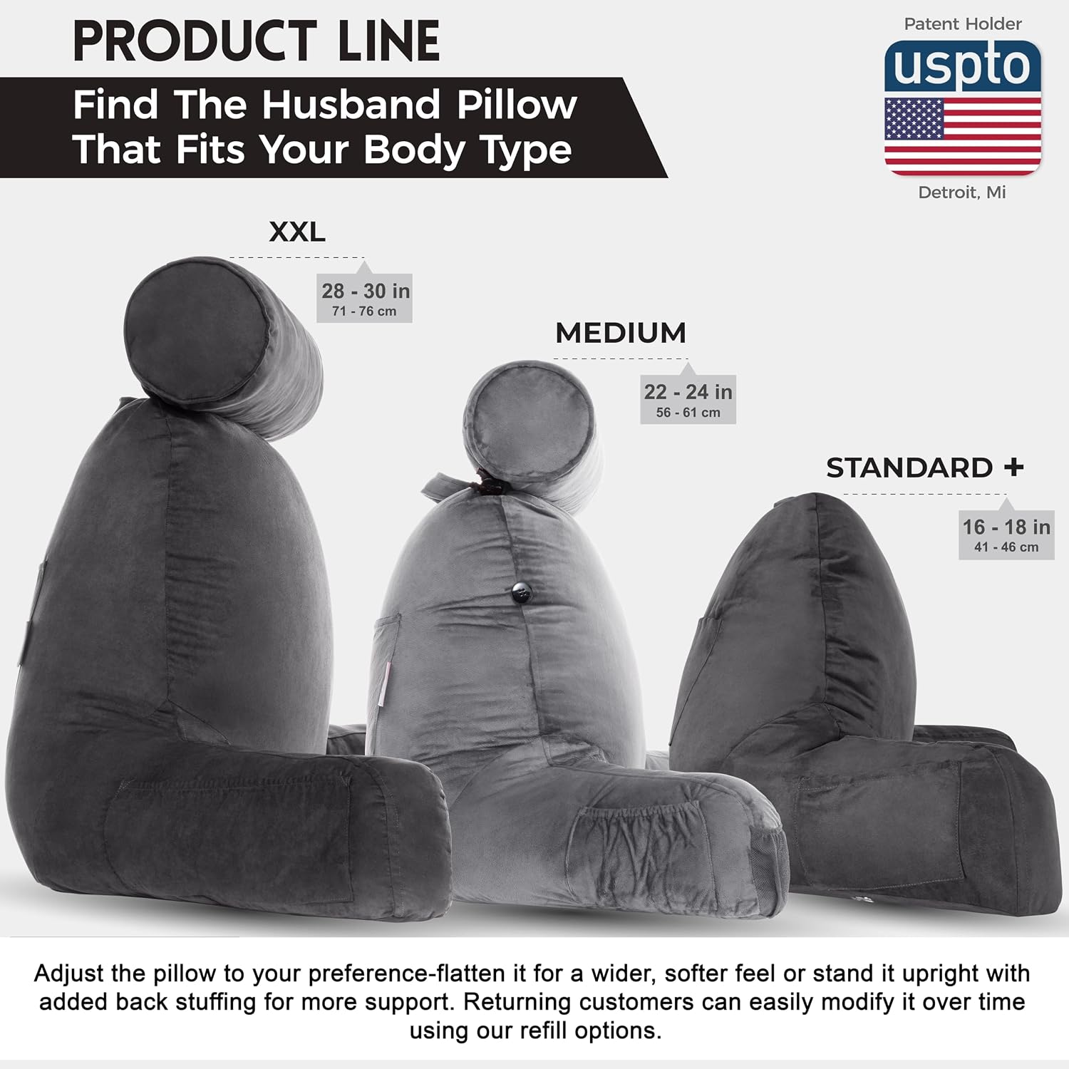 Husband Pillow XXL Reading & Bed Rest Pillows - Premium Memory Foam Backrest Pillow with Arms & Neck Roll - Aspen Edition Iron Grey - Reversible 2 Sided Cover with Plush Microfiber and Suede