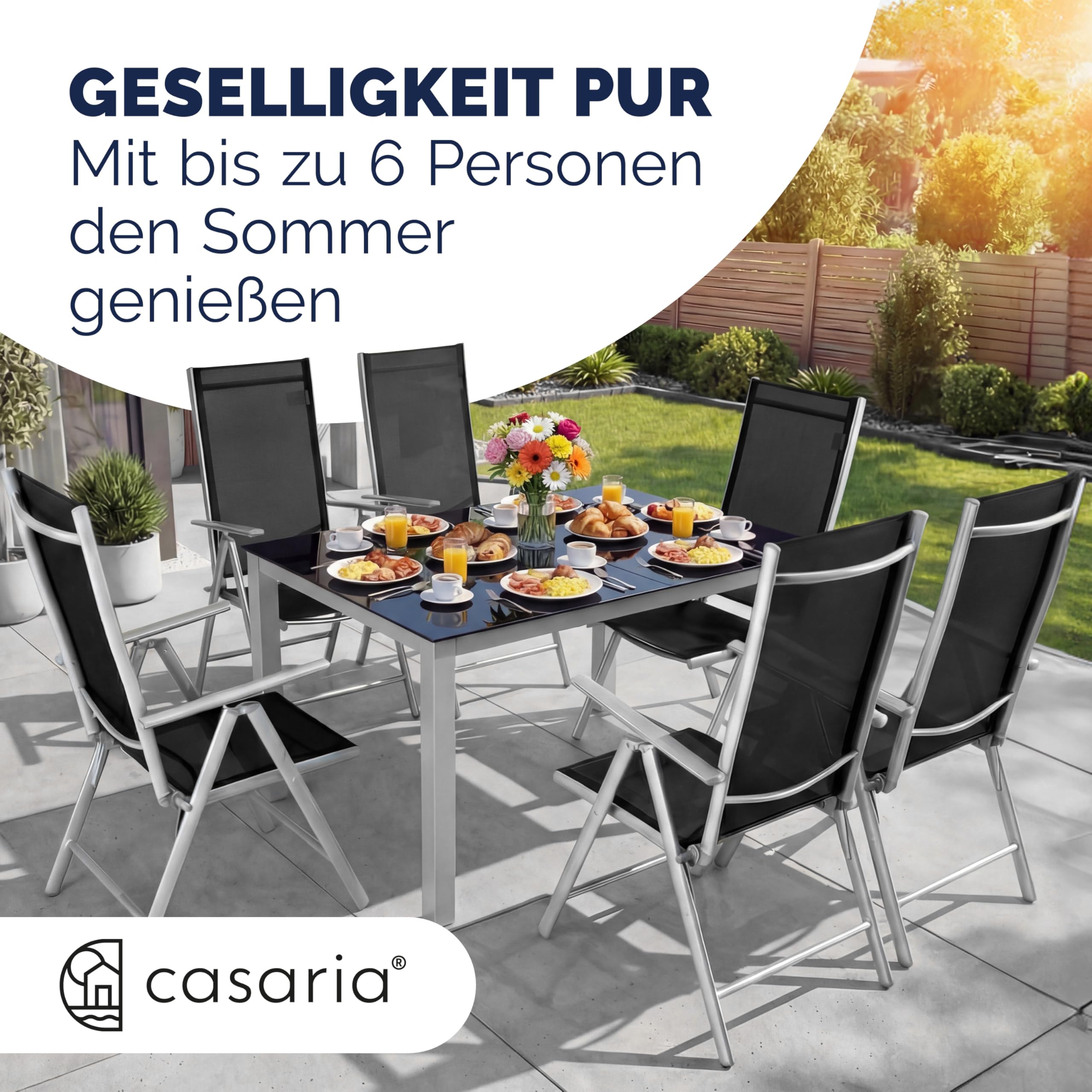 Casaria® Gartenmöbel Set 6 Stühle mit Tisch 150x90cm Aluminium Sicherheitsglas Wetterfest Klappbar Modern Terrasse Balkon Möbel Sitzgruppe Garnitur Bern