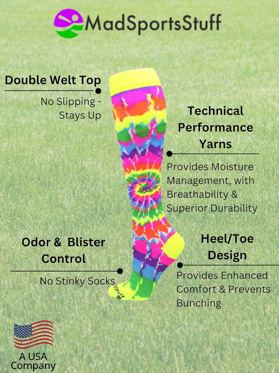 MadSportsStuff Crazy Tie Dye Socks for Softball Soccer Volleyball Tall Over the Calf Athletic Socks Fun Neon Colors - Image 4