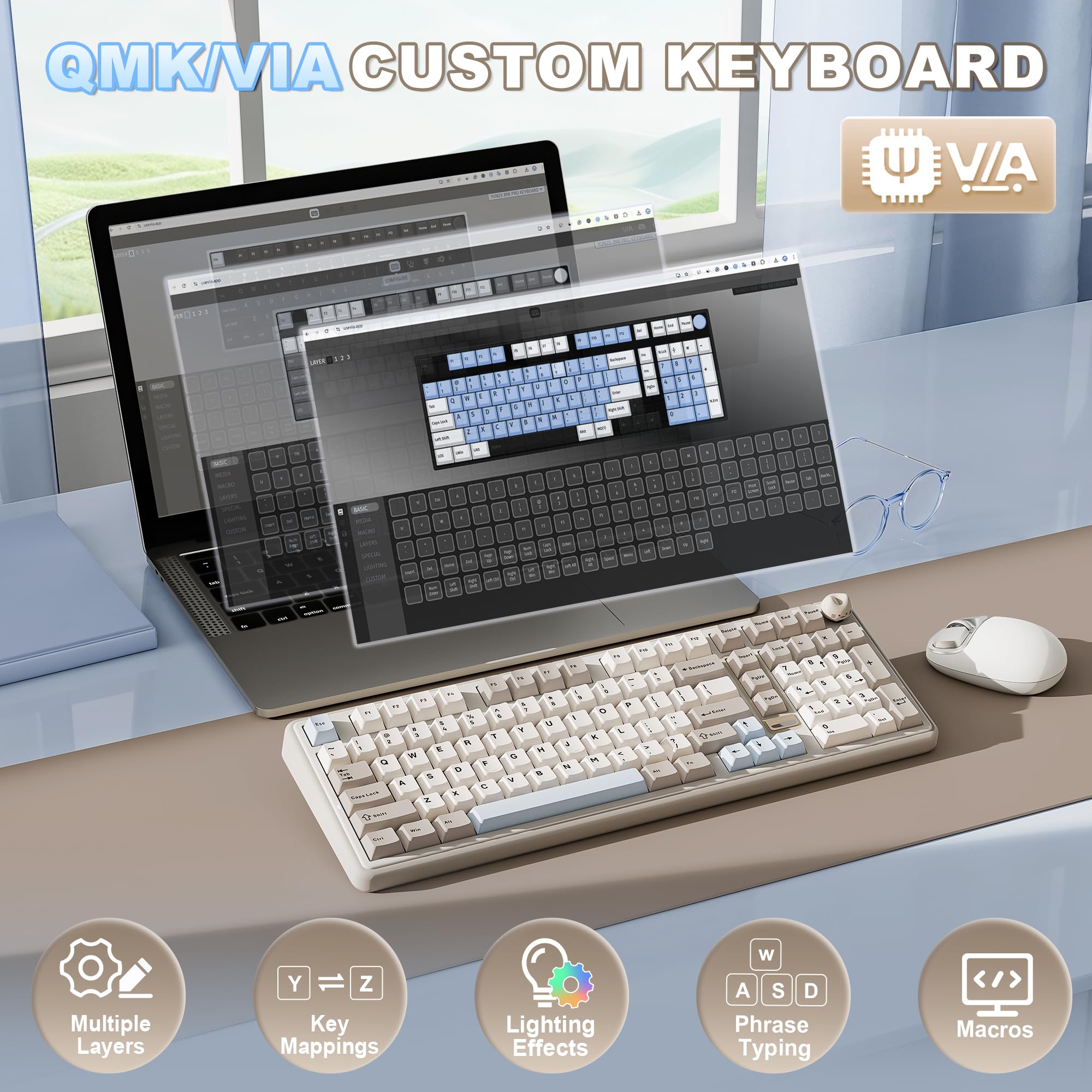 YUNZII B98 PRO QMK/VIA Wireless Mechanical Gaming Keyboard, 96% Layout with Numpad and Cute Cat Knob, BT/2.4G/USB-C, Pre-Lubed Switch Hot Swap Gasket, RGB for Win/Mac (Beige, Milk V2 Linear Switch) - 5