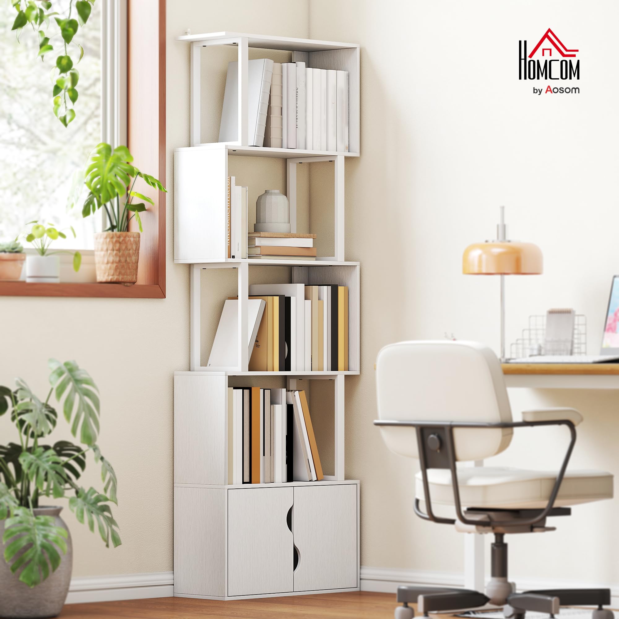 HOMCOM Librería de 5 Niveles en Forma de S 60x23,8x179,2 cm Blanco | Estantería de Libros, 5 Estantes, 2 Puertas, Sala de Estar, Oficina, Estudio, Dormitorio