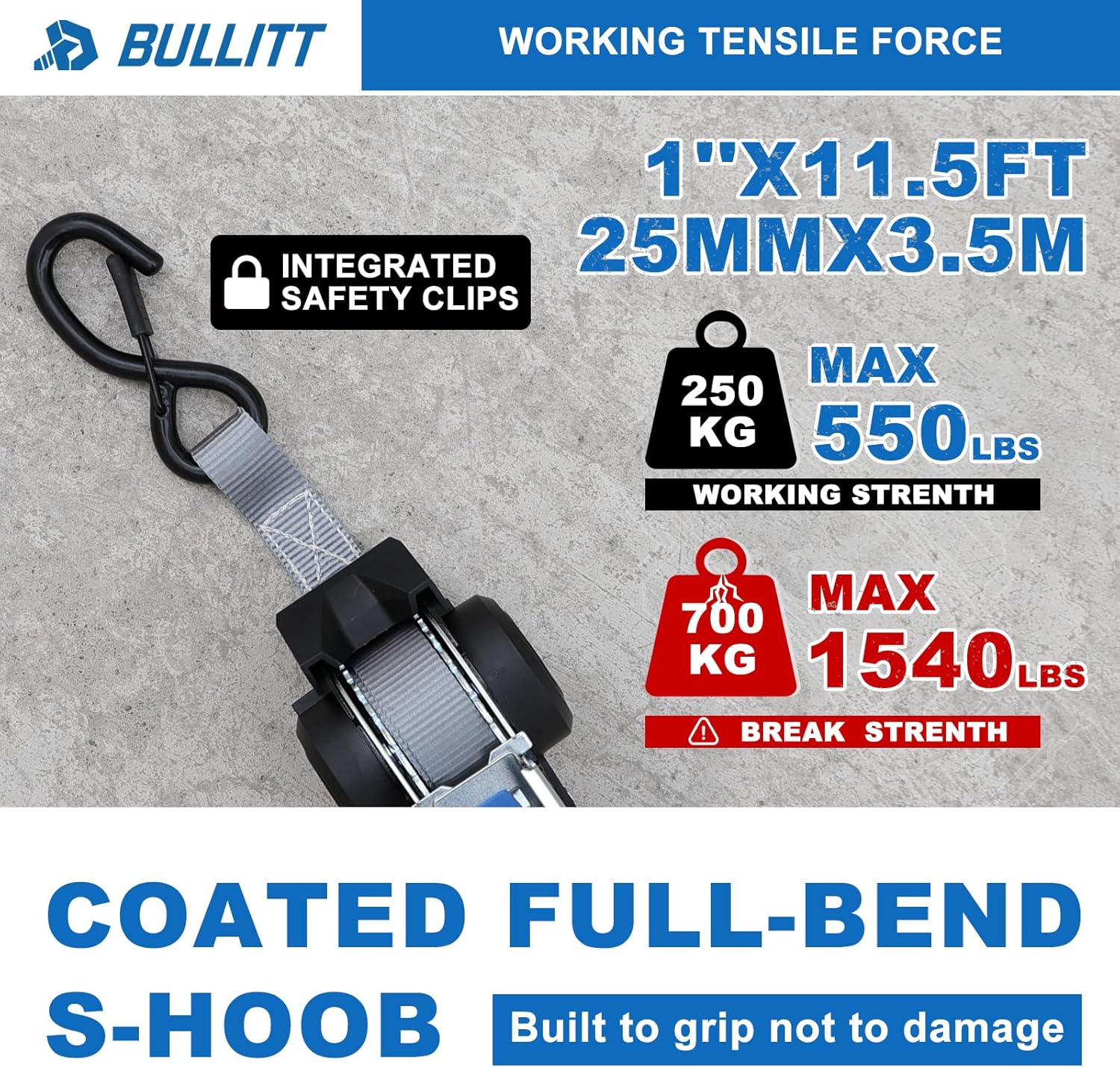 Bullitt 2Pk Decelerating Retractable Ratchet Straps Set,1" x 11.5' S-Hook Tie Down Straps+15'' Soft Loops*2, Auto Self Retracting Straps with 1540lbs Break Strength for Motorcycles/Car/Household