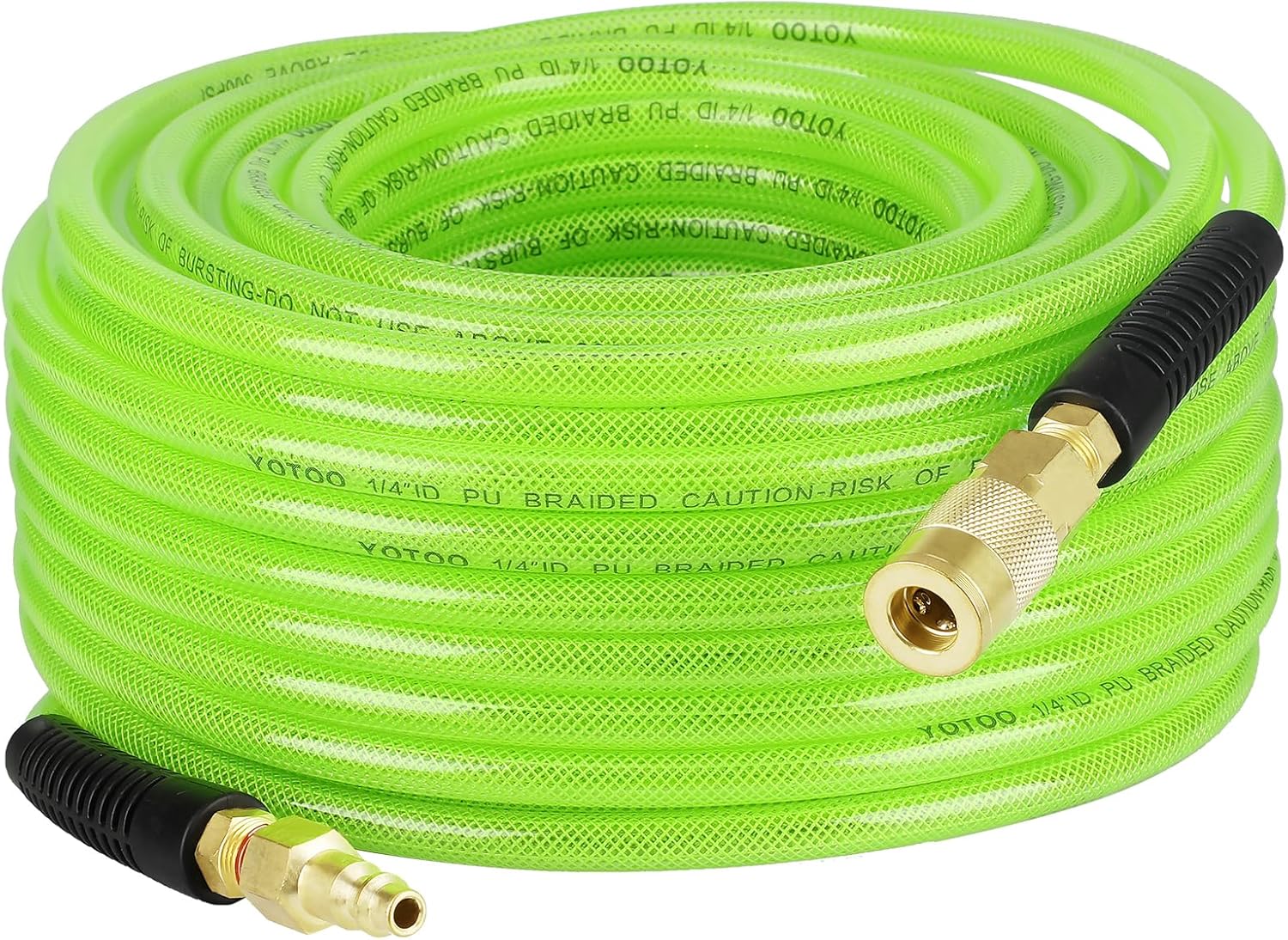 YOTOO Reinforced Polyurethane Air Hose 1/4" Inner Diameter by 100' Long, Flexible, Heavy Duty Air Compressor Hose with Bend Restrictor, 1/4" Swivel Industrial Quick Coupler and Plug, Green