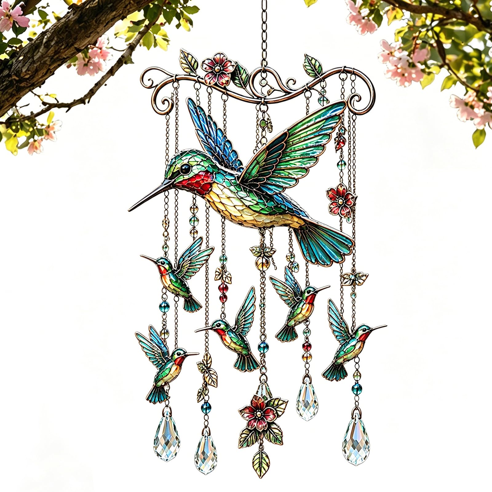 Graceful Hummingbird Wind Chime, Graceful Stained Glass Bird Wind Chimes, Colorful Birds Hanging Ornaments, Crystal Sun Catcher Windchime, Outdoor Porch Yard Decorations-A