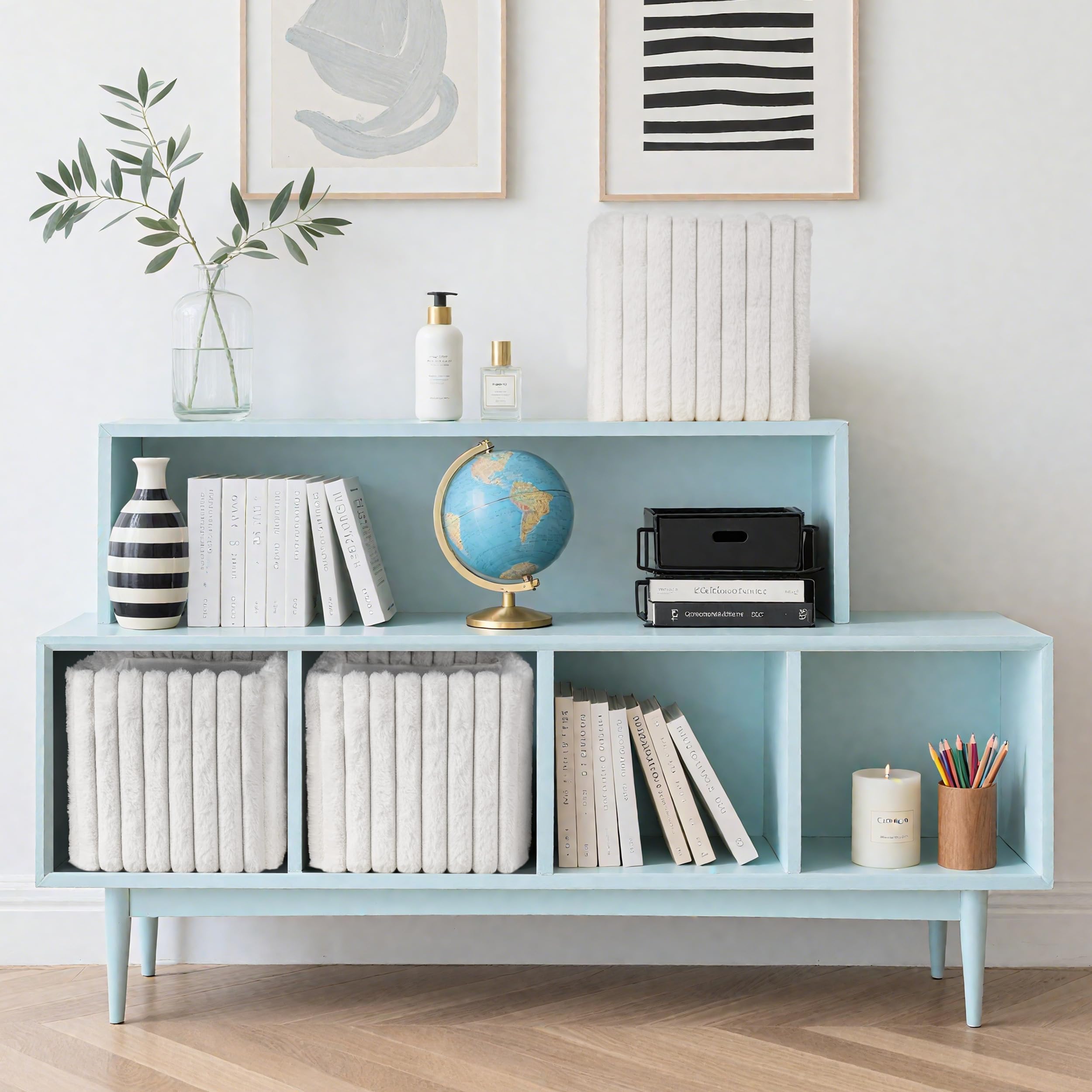 AELS Gestreifte Aufbewahrungskörbe aus Kunstfell, 27,9 cm, weicher Plüsch, faltbar, dekorative Organizer für Schrank oder Regale, gemütliche Aufbewahrungsboxen im Mid-Century-Stil für Heimdekoration