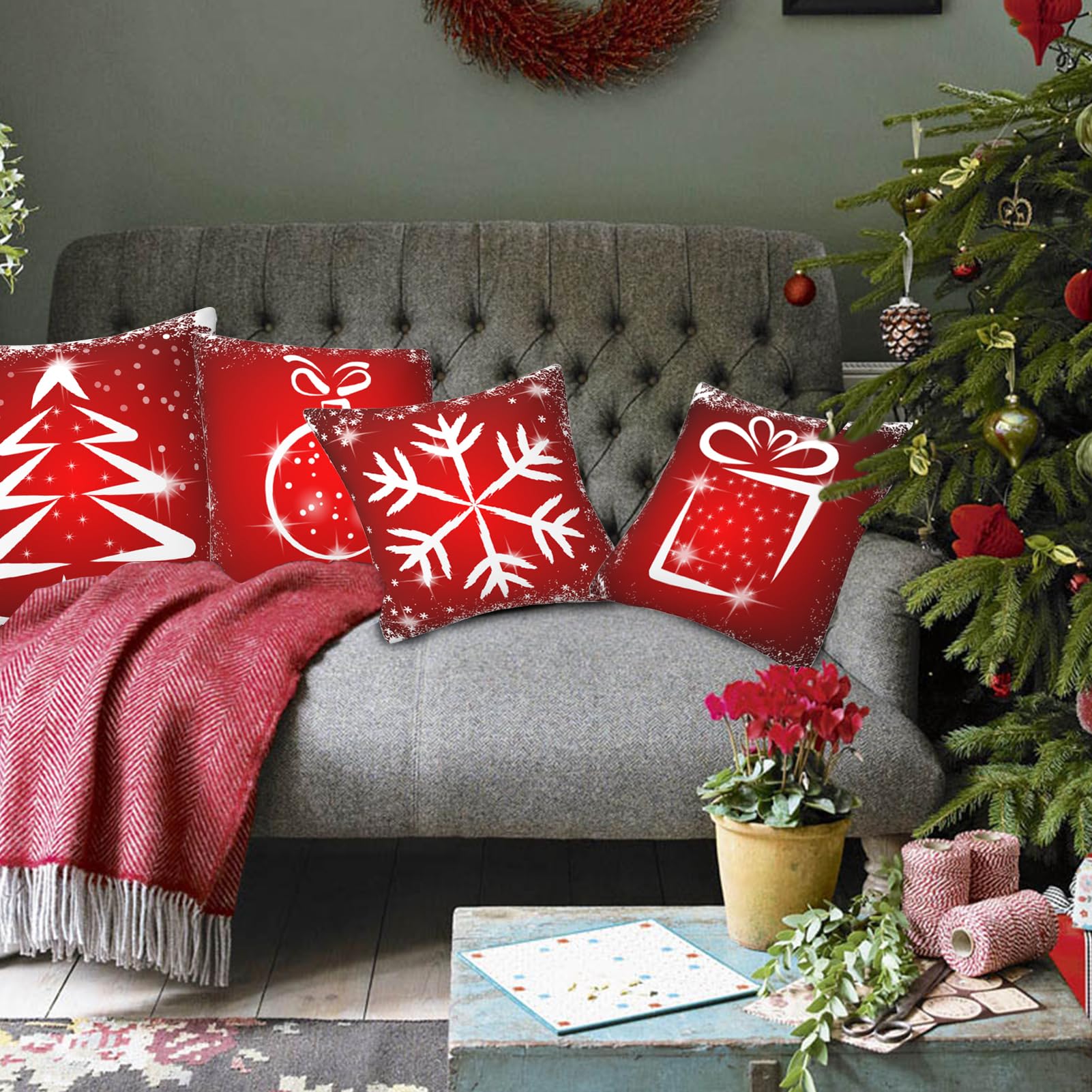 HuauD 4 Pezzi Divano Natale Copricuscini, Cuscini Natalizi per Divano