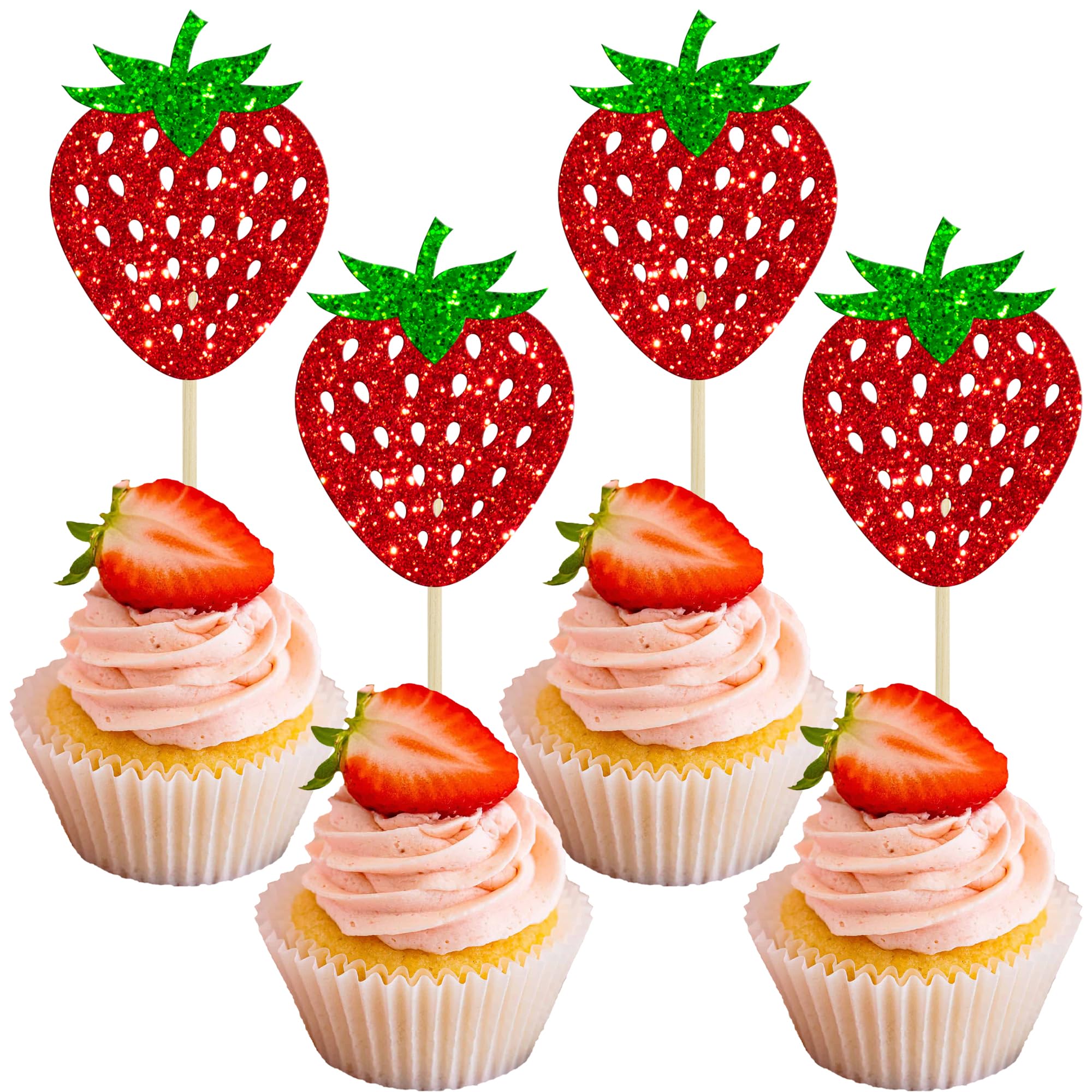 Gyufise 24Pcs Strawberry Cupcake Toppers Glitter Fruit Theme Summer Strawberry Cupcake Picks for Kid Baby Shower Party Decorations Boy Girl Birthday Cake Party Supplies Red