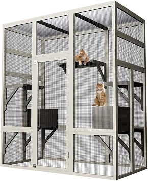 70" Large Outdoor Catio Cat Enclosure, Wood Cat Patio with Waterproof UV-Resistant Roof, Cats Shelter with 5 Platforms and 2 Resting Box, and Secure Rust-Proof Wire for Backyard or Patio
