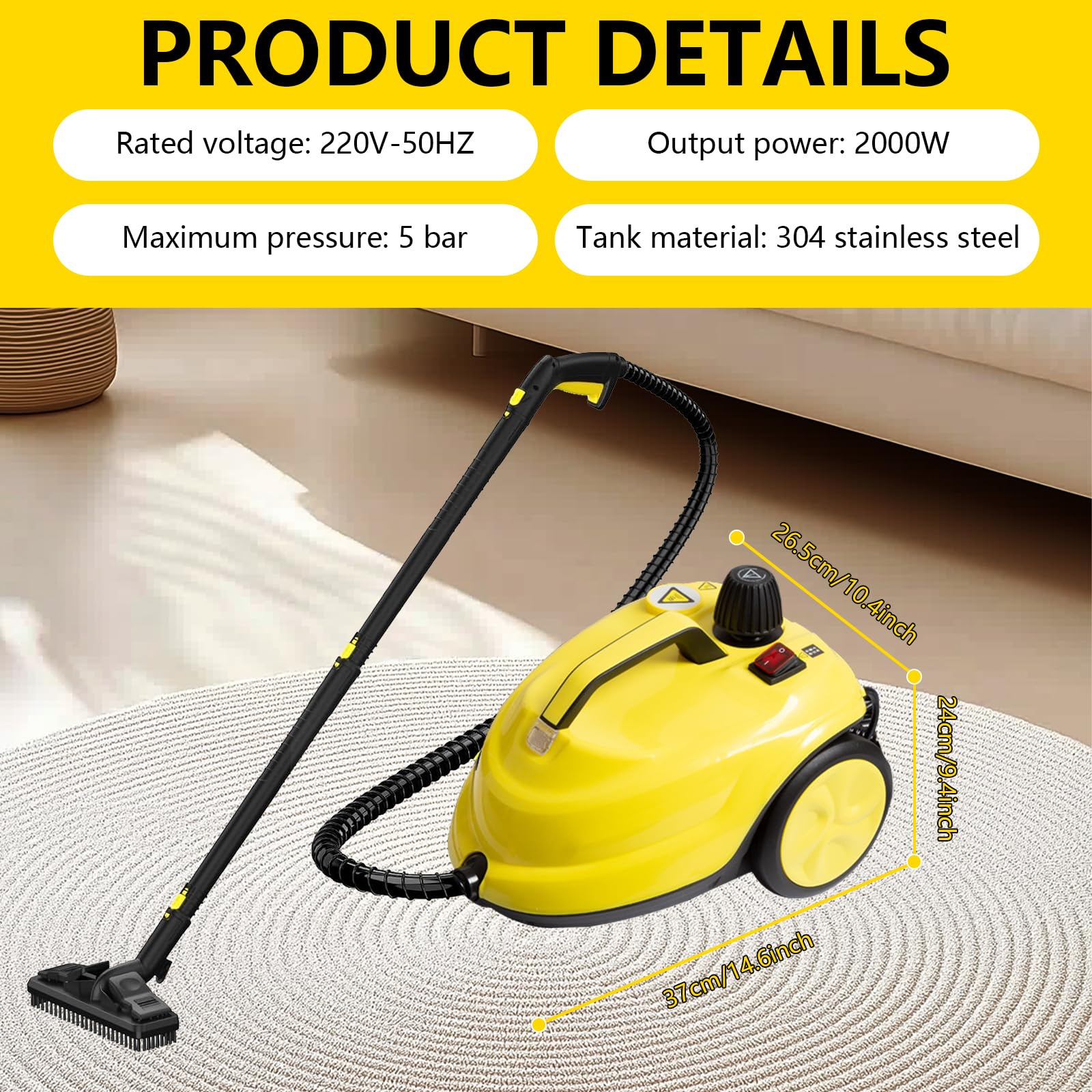 Multiuso Limpiador Vapor, 2000W Limpiador de Vapor Hogar Mano con Depósito 2L, Presión de Vapor: 5 Bar, 17 Accesorios, Ideal para Muebles, Sofá, Azulejos, Suelo, Ventana, Coche