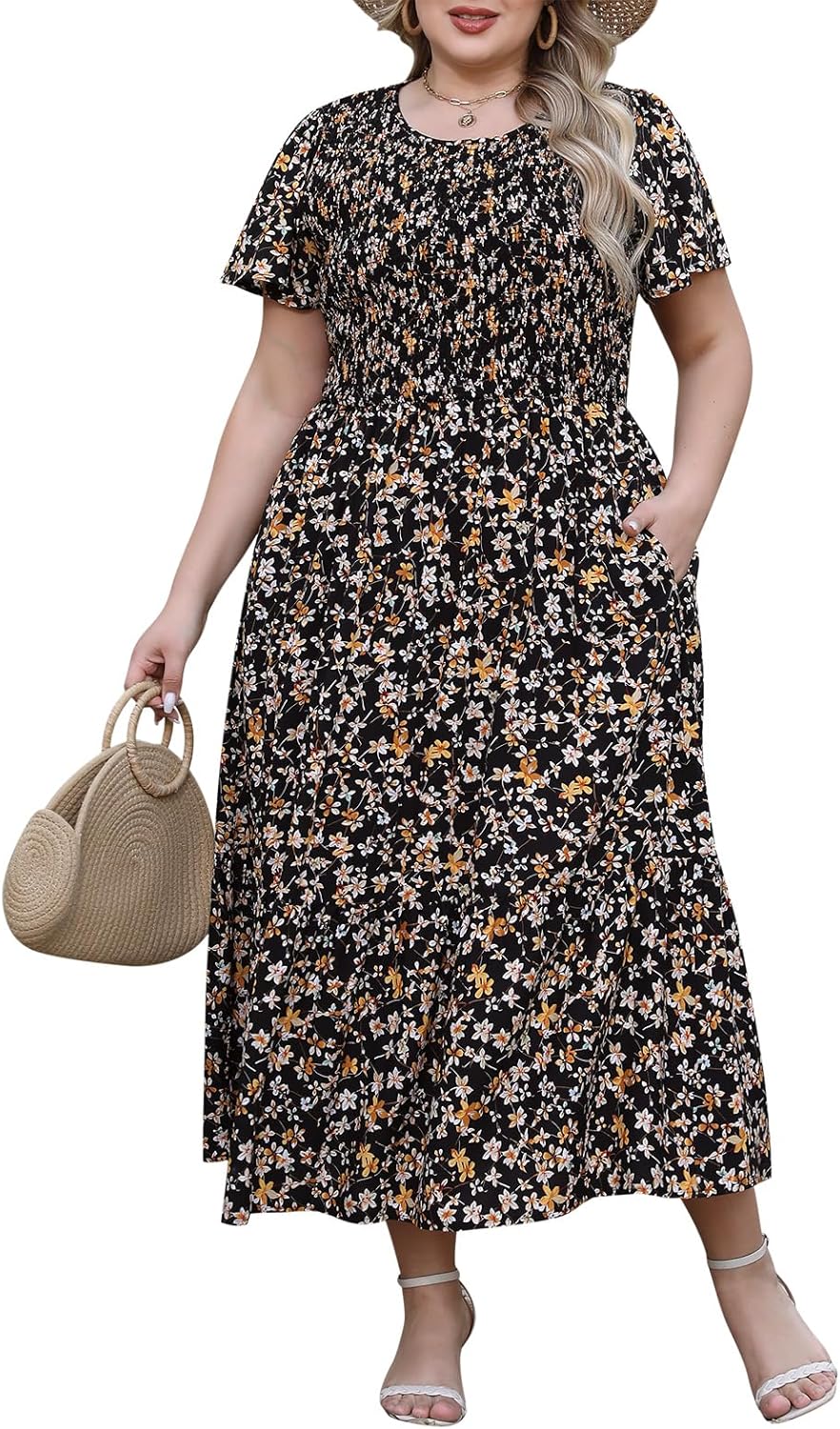 Nemidor Plus Size Womens Casual Maxi Dress Summer Ruffle Sleeve Ditsy Floral Print Boho Long Dresses with Pocket 16-26