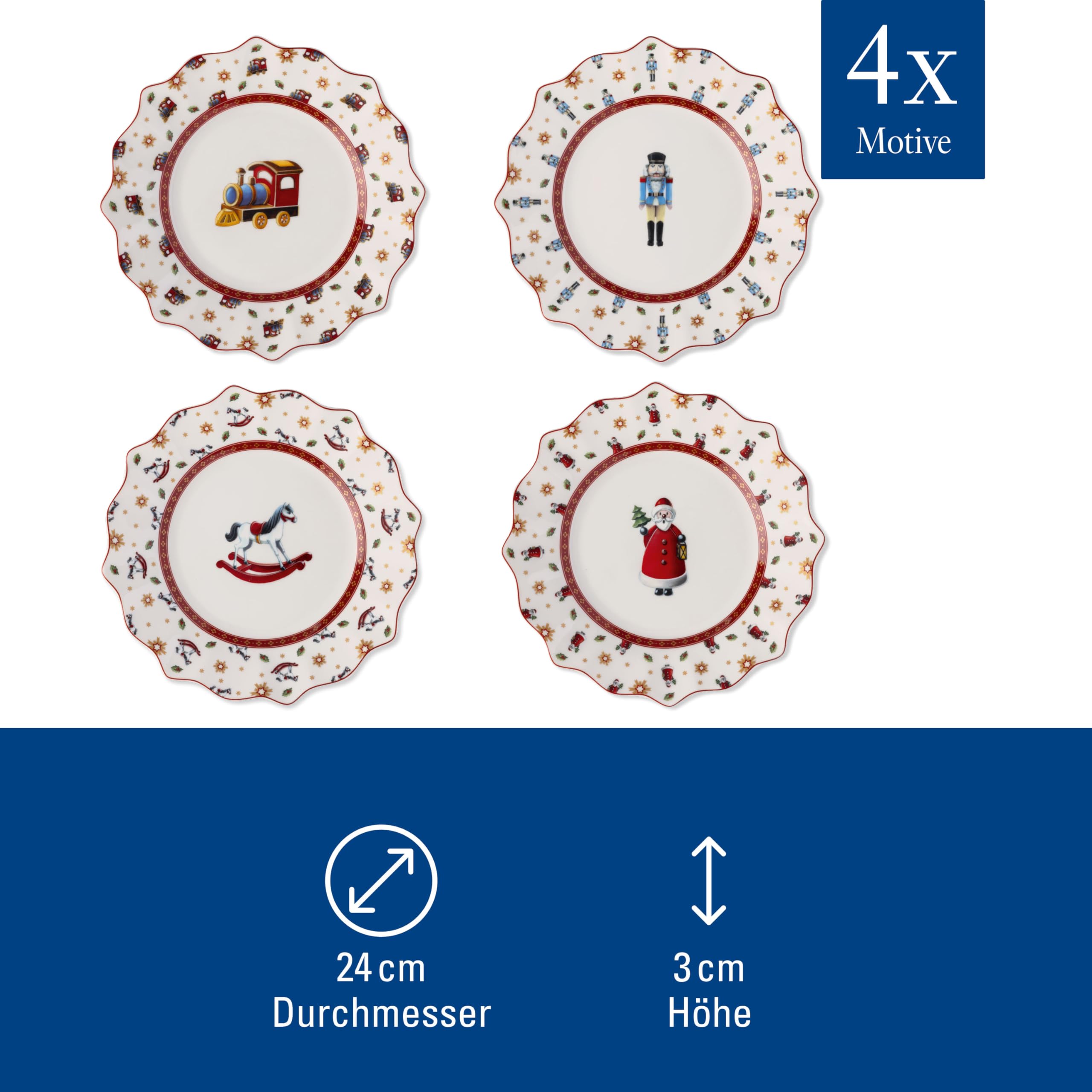 Villeroy & Boch - Toy's Delight Jubiläums-Teller Set 4 Teilig Bunt, Weihnachten, Teller Set für 4 Personen, Essteller, Frühstücksteller, Weihnachtsmotiv, Weihnachtsgeschirr, Premium Porzellan