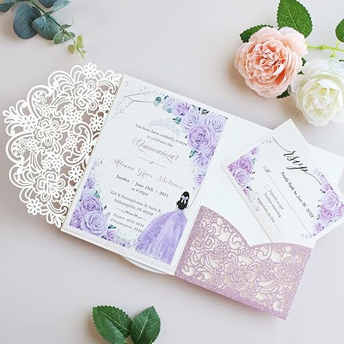 Miniatura 2 de Hosmsua 50 bolsillos de invitación de flora de encaje con purpurina morada, 5.12 x 7.2 bolsillos de invitación de quinceañera cortados con láser con