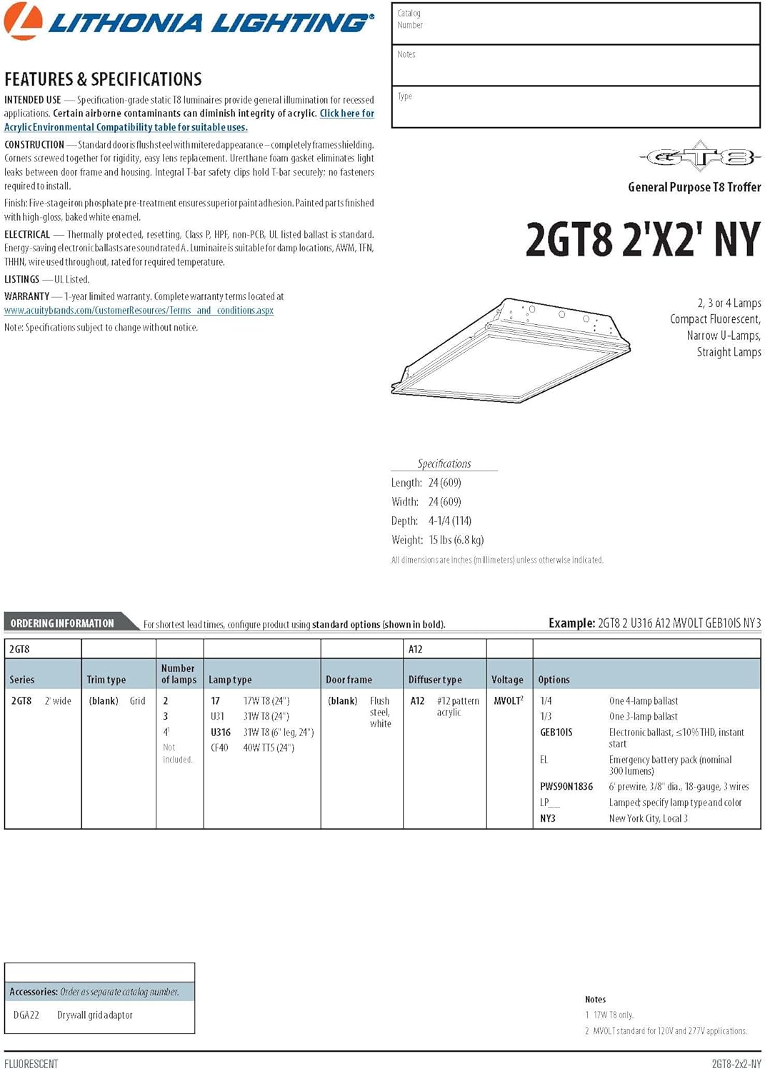 Lithonia Lighting 2GT8 Product Datasheet with Features and Specifications
