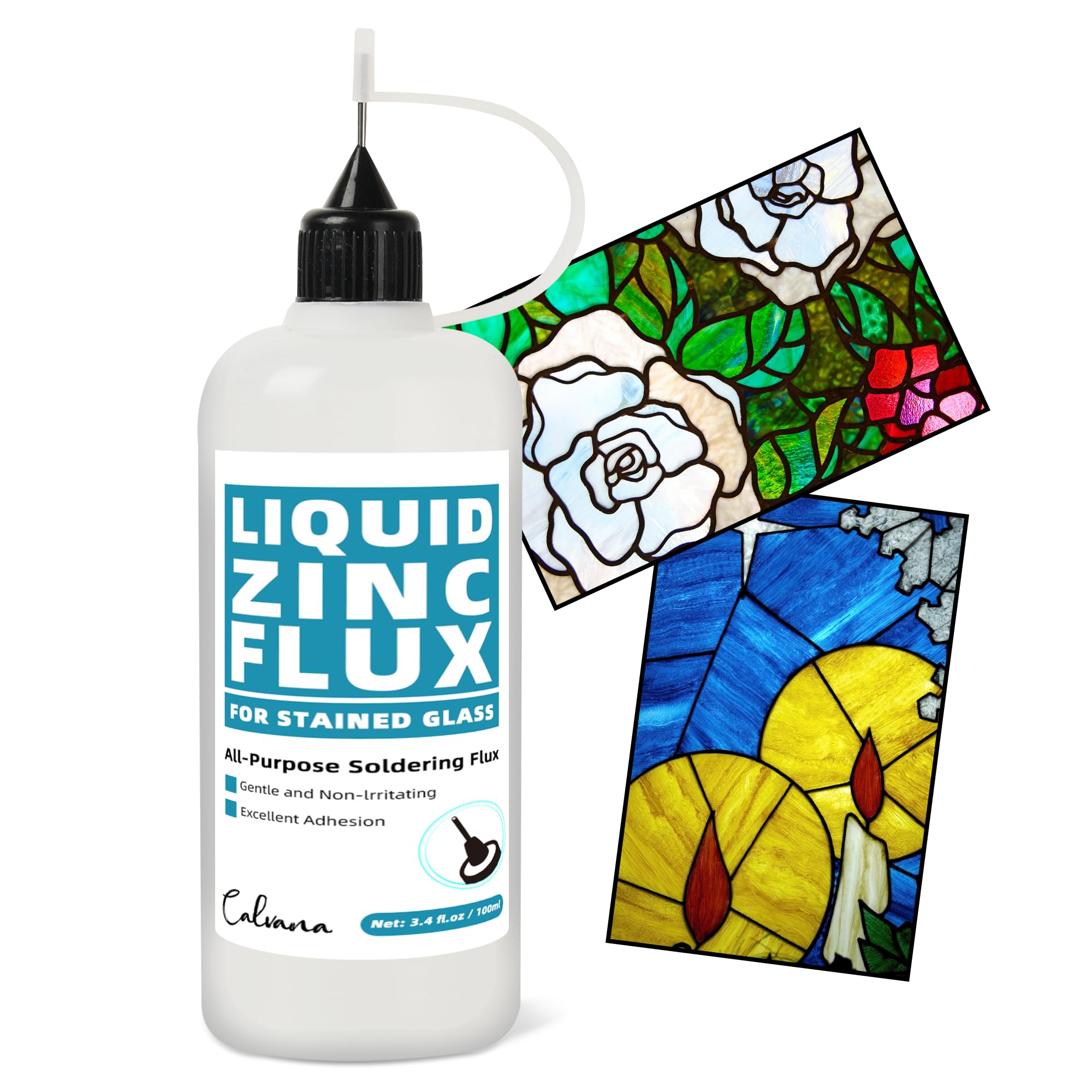 Calvana 3.5oz Liquid Solder Flux for Stained Glass, Handy Soldering Flux, Stained Glass Paint Supplies Kit &amp; Starter Tools, Pointed Tip Bottle, Ensures Precise Application, Gentle &amp; Smoke-Free