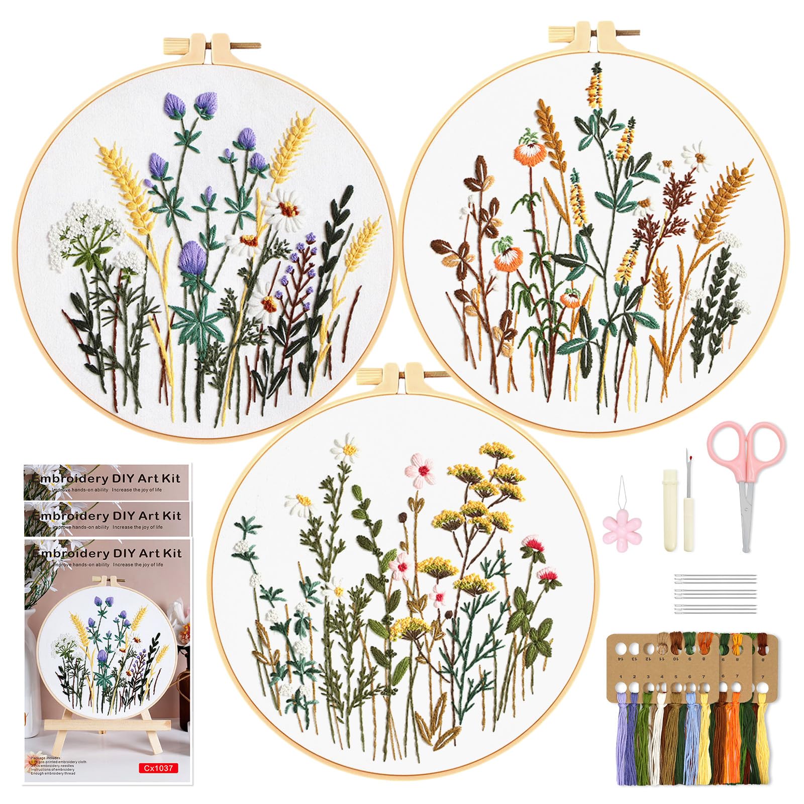 WIVLAX Stickset für Anfänger, 3 Pack DIY Stich Bastelset, Blumenmuster, mit Reifen, Faden und Nadeln, Nähgeschenk für Frauen und Teenager