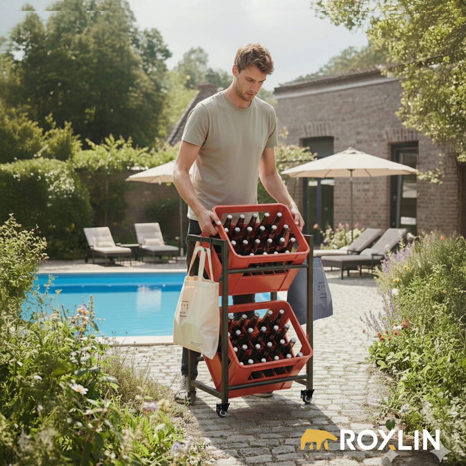 Getränkekistenregal für 3/6 Kisten – Schwerlastregal aus Metall für Bier- & Wasserkisten – Getränkeregal mit Ablage – Tragkraft 600 kg – Küche Keller Vorratsraum (2 Kisten auf Rollen)