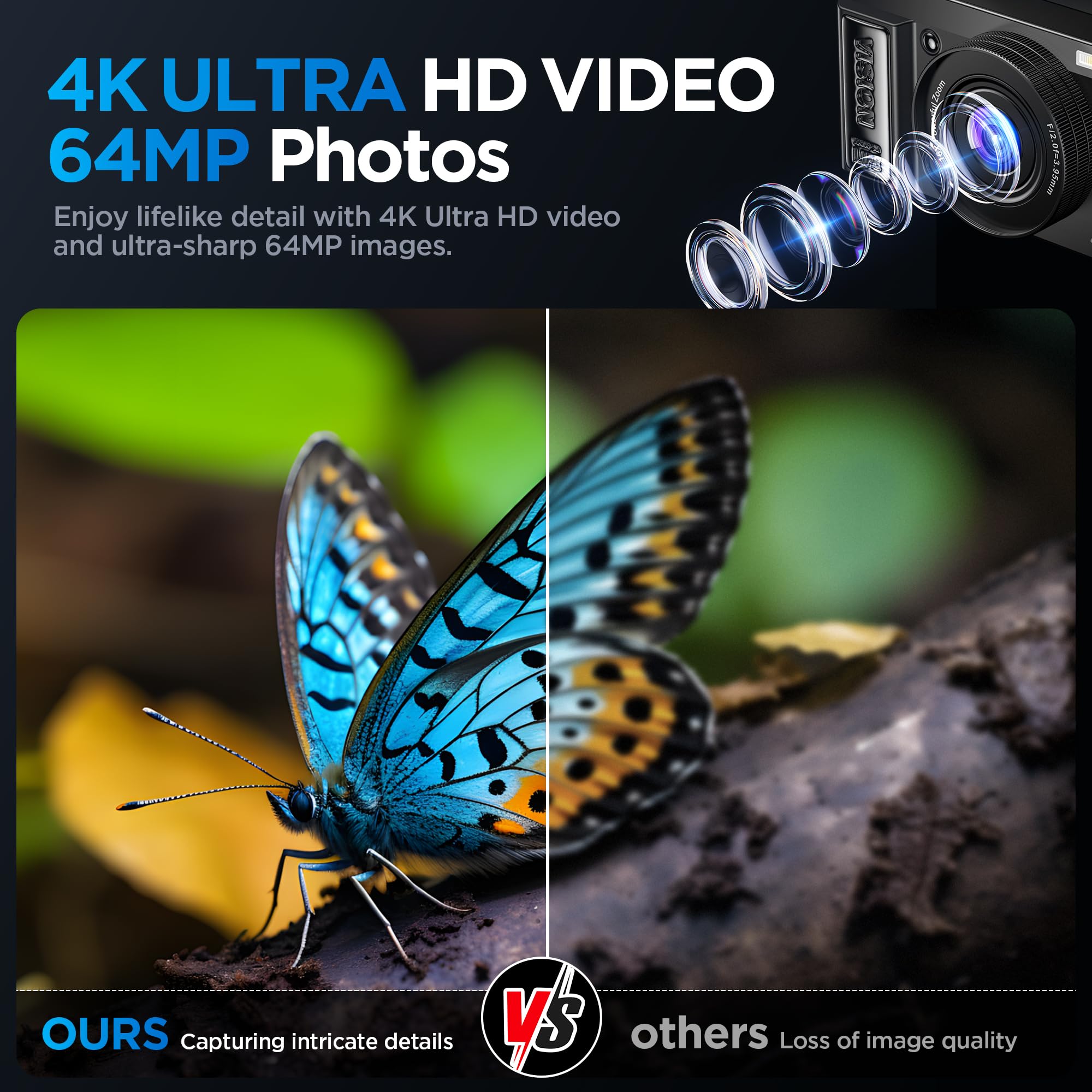Appareil Photo Numérique 4K Digital: 64MP Appareils Numérique avec Écran Rabattable 180° avec Autofocus - Camera pour Vlog avec Carte 32GB - pour Adolescents Débutants Adultes Enfant Noir