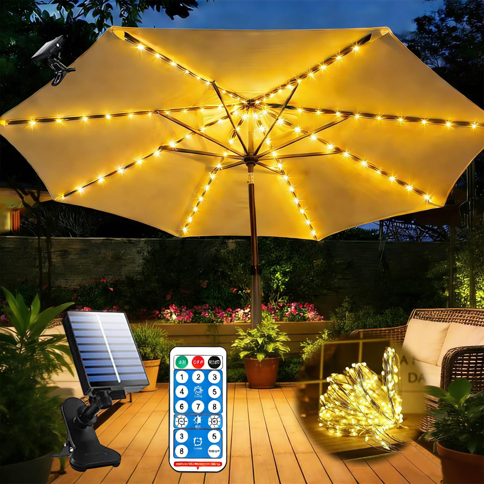 Iluminación solar IP67, 104 luces LED para sombrilla, luz blanca cálida con mando a distancia, 8 modos, guirnalda de luces para jardín, camping, tienda de campaña, decoración exterior e interior