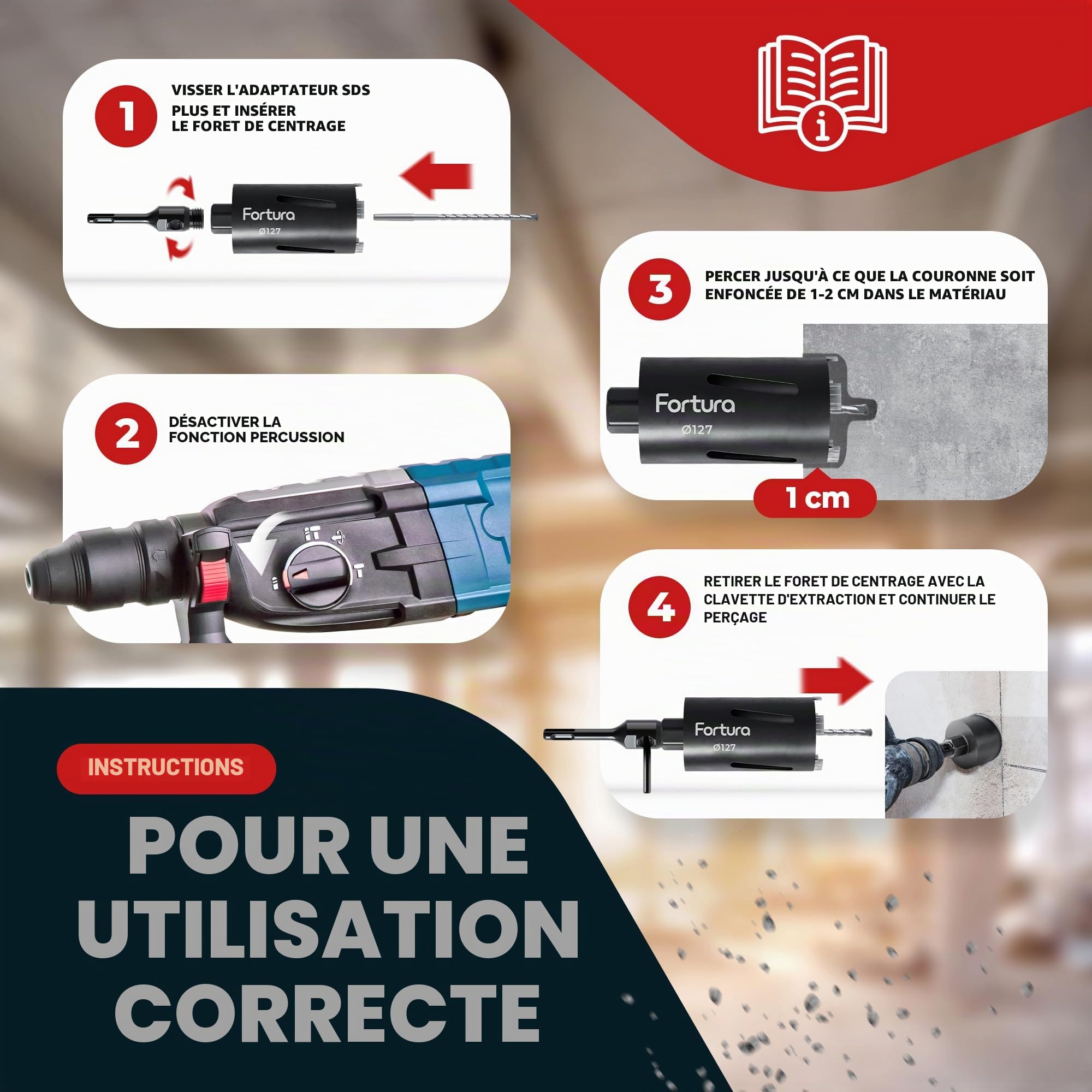 Fortura Carotte/couronne de forage Ø 50-162 mm / longueur 200 mm / SDS Plus / foret / couronne diamantée / trépan à douille / foret à carotter / diamant (Ø127 x 200 mm)