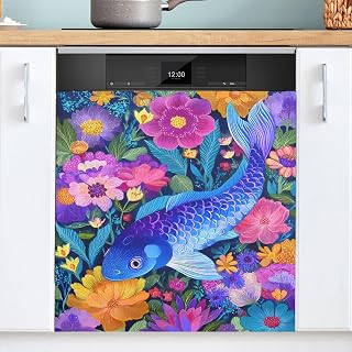 Dishwasher Magnet Cover Blue Fish Flower Front Dishwasher Cover Magnetic Home Cabinet Decals Appliances Stickers Refrigerator Decor, 23x26in