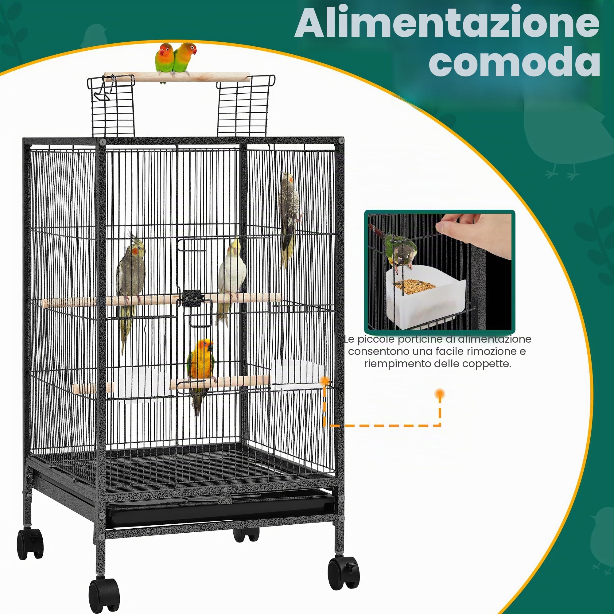 Yaheetech Gabbia per Uccelli in Metallo 45,5 cm x 45,5 cm x 79 cm, con Posatoio Mangiatoia Vassoio con Ruote, Voliera per Pappagallini Canarini Fringuelli, Gabbietta da Esterno Interno, Nera
